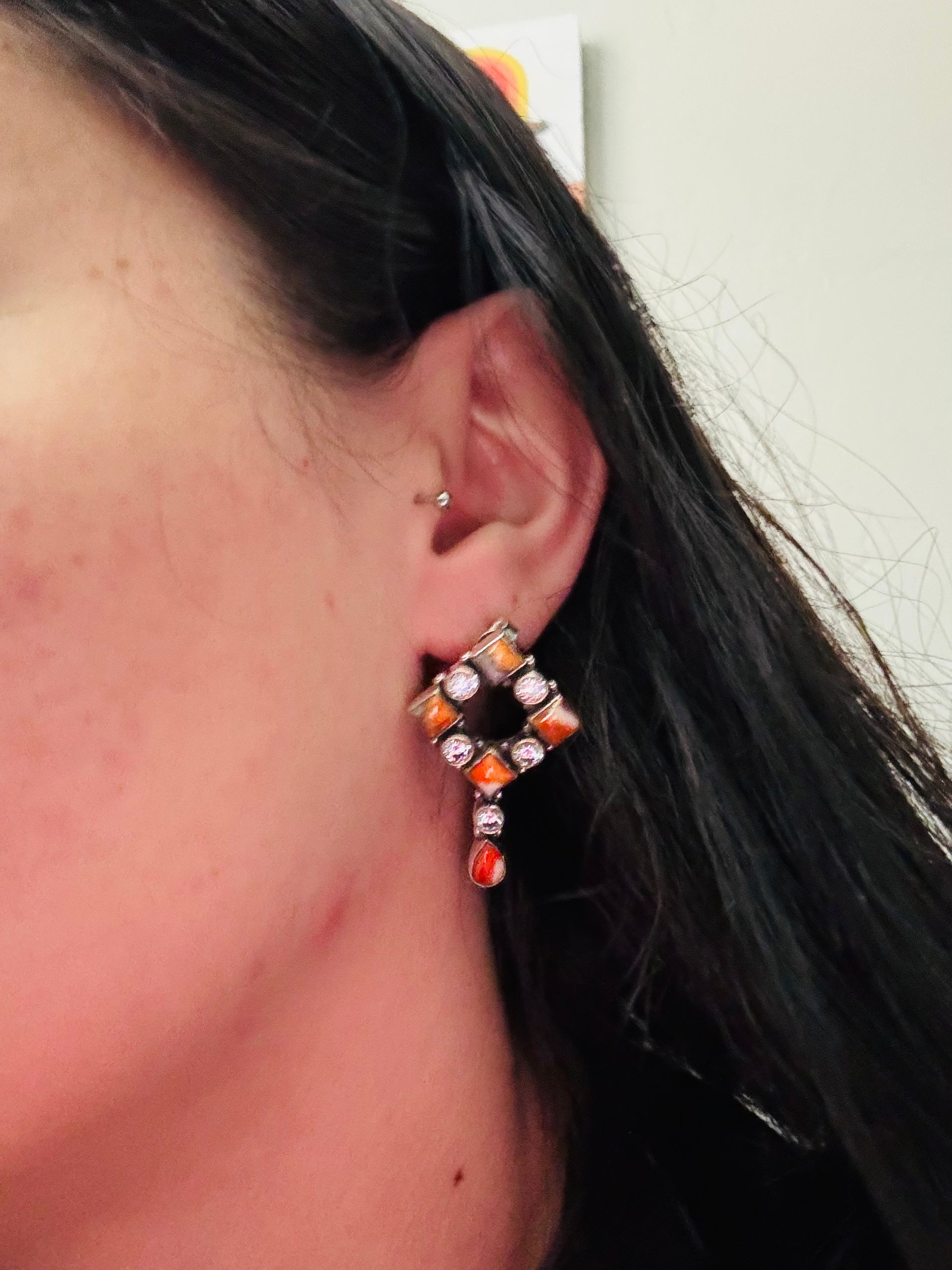 Southwest Handmade Multi Stone & Sterling Silver Post Dangle Earrings