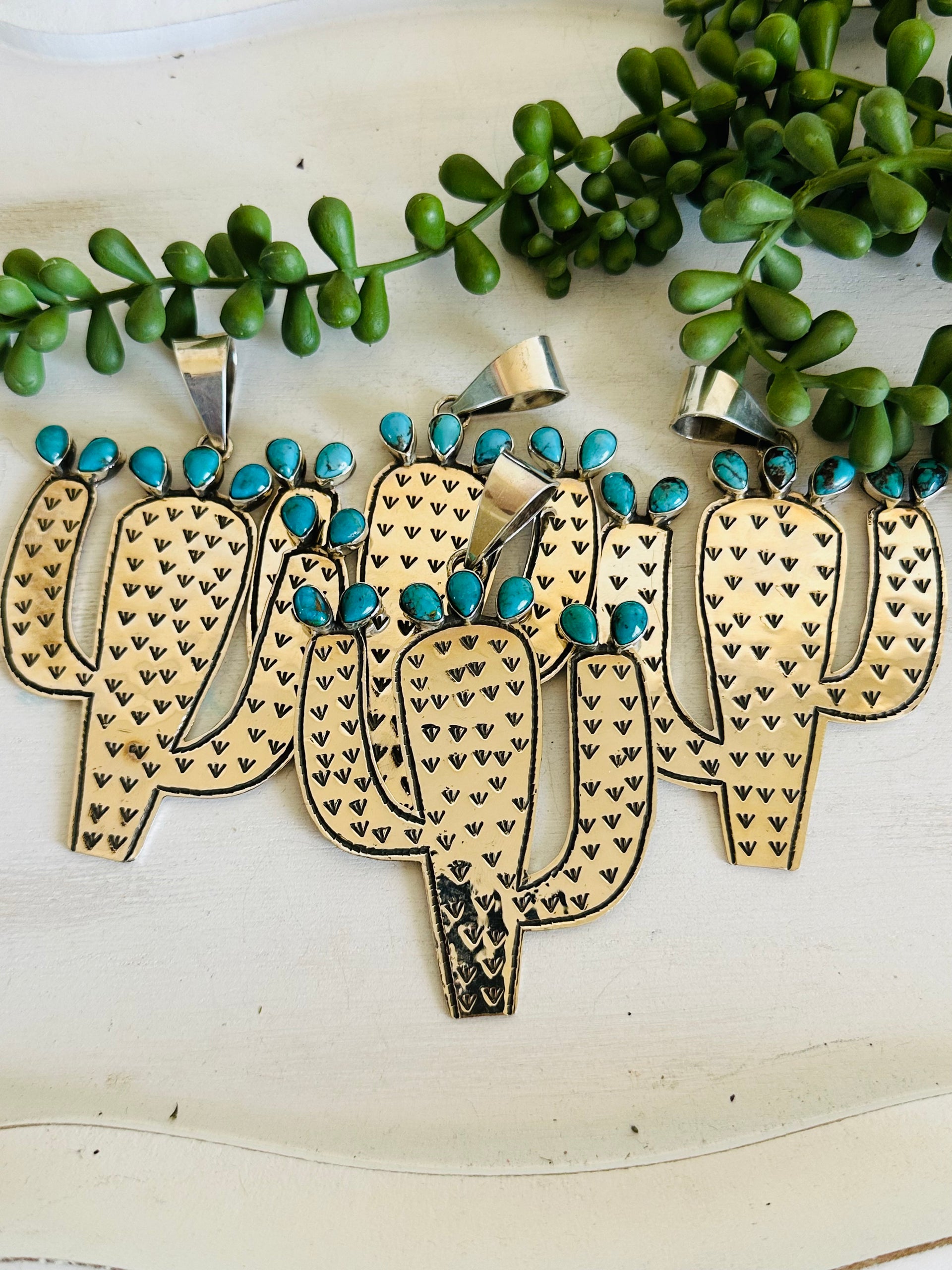 Alex Sanchez Kingman Turquoise & Sterling Silver Saguaro Pendant