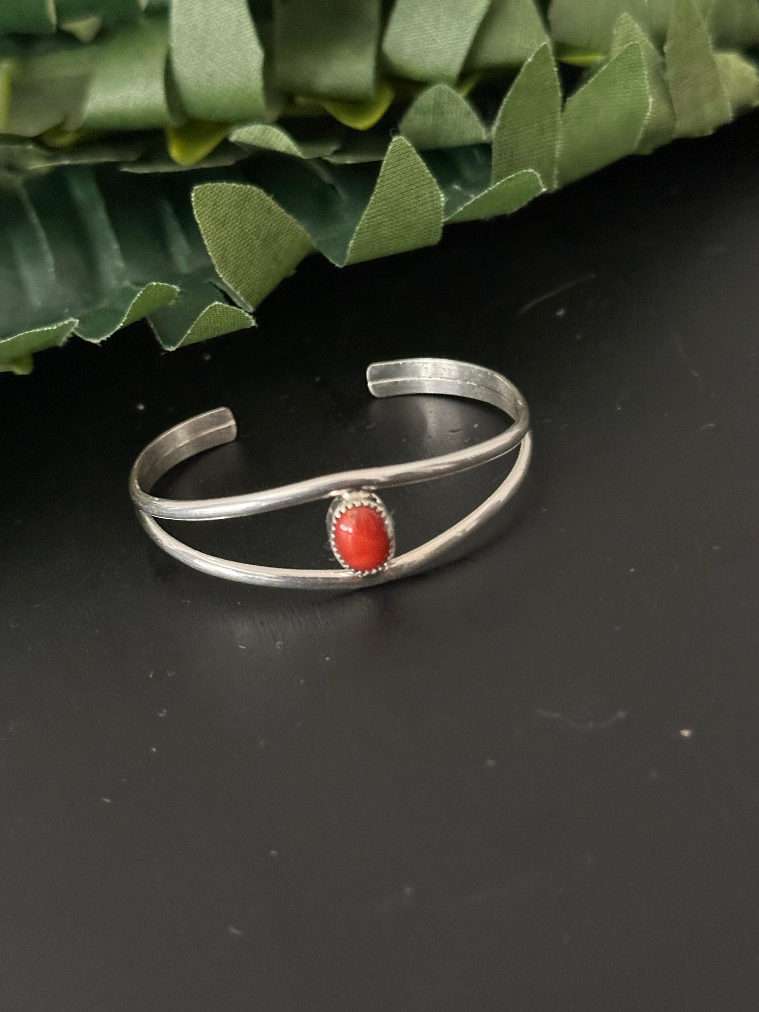 Navajo Made Coral and Sterling Silver BABY Cuff Bracelet