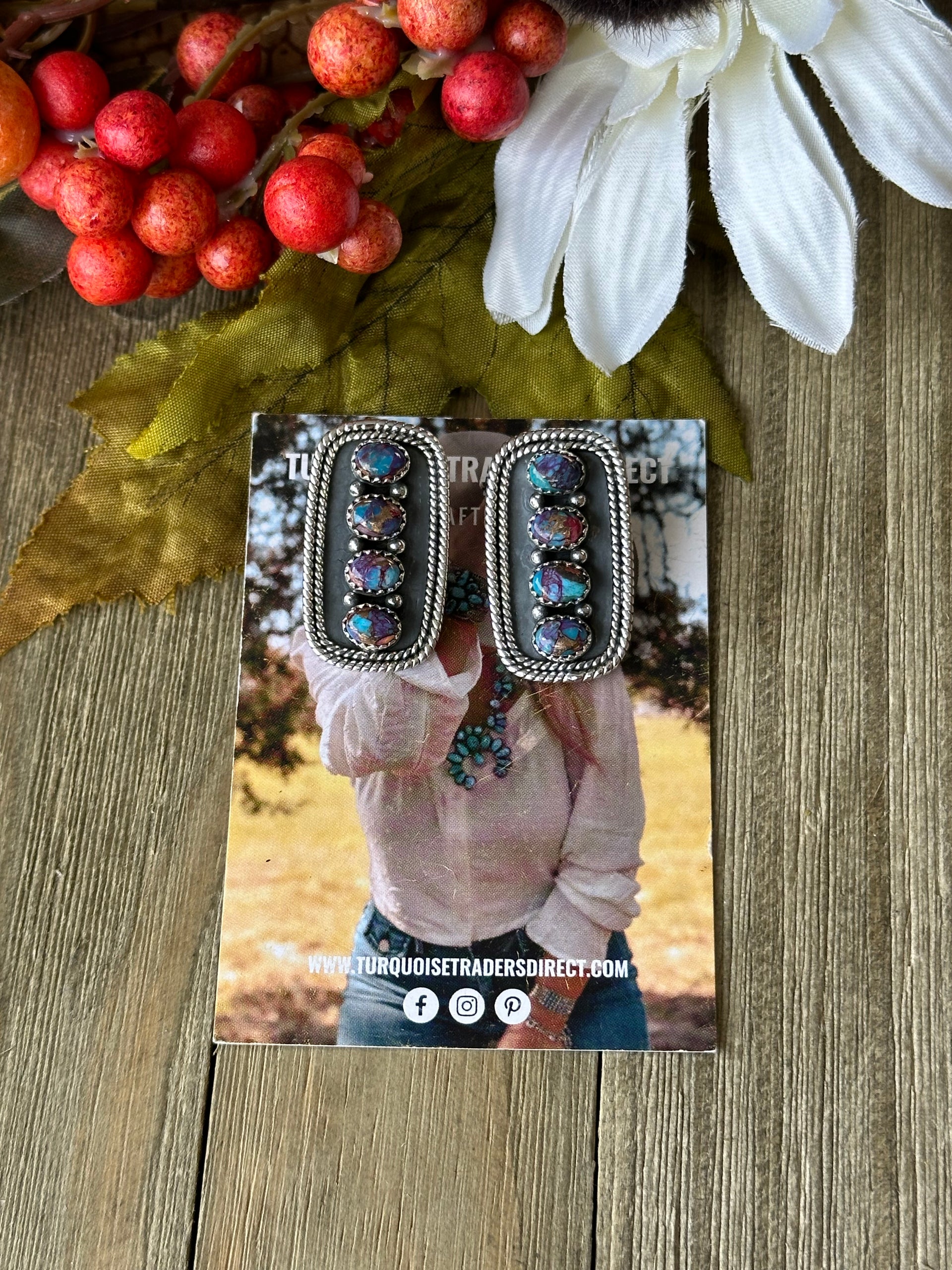 Southwest Handmade Mohave Turquoise & Sterling Silver Post Dangle Cluster Earrings