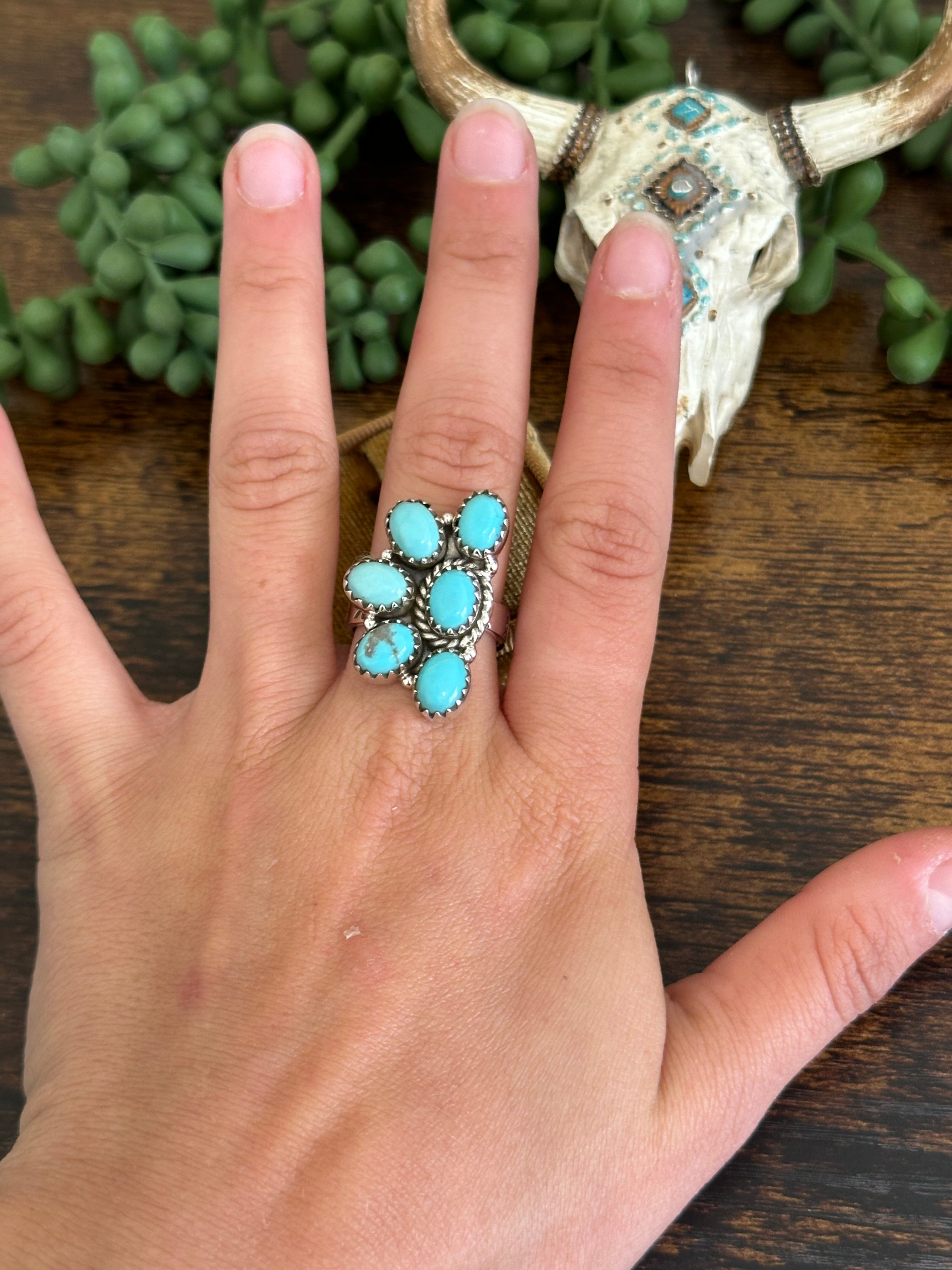 Southwest Handmade Kingman Turquoise & Sterling Silver Adjustable Cluster Ring