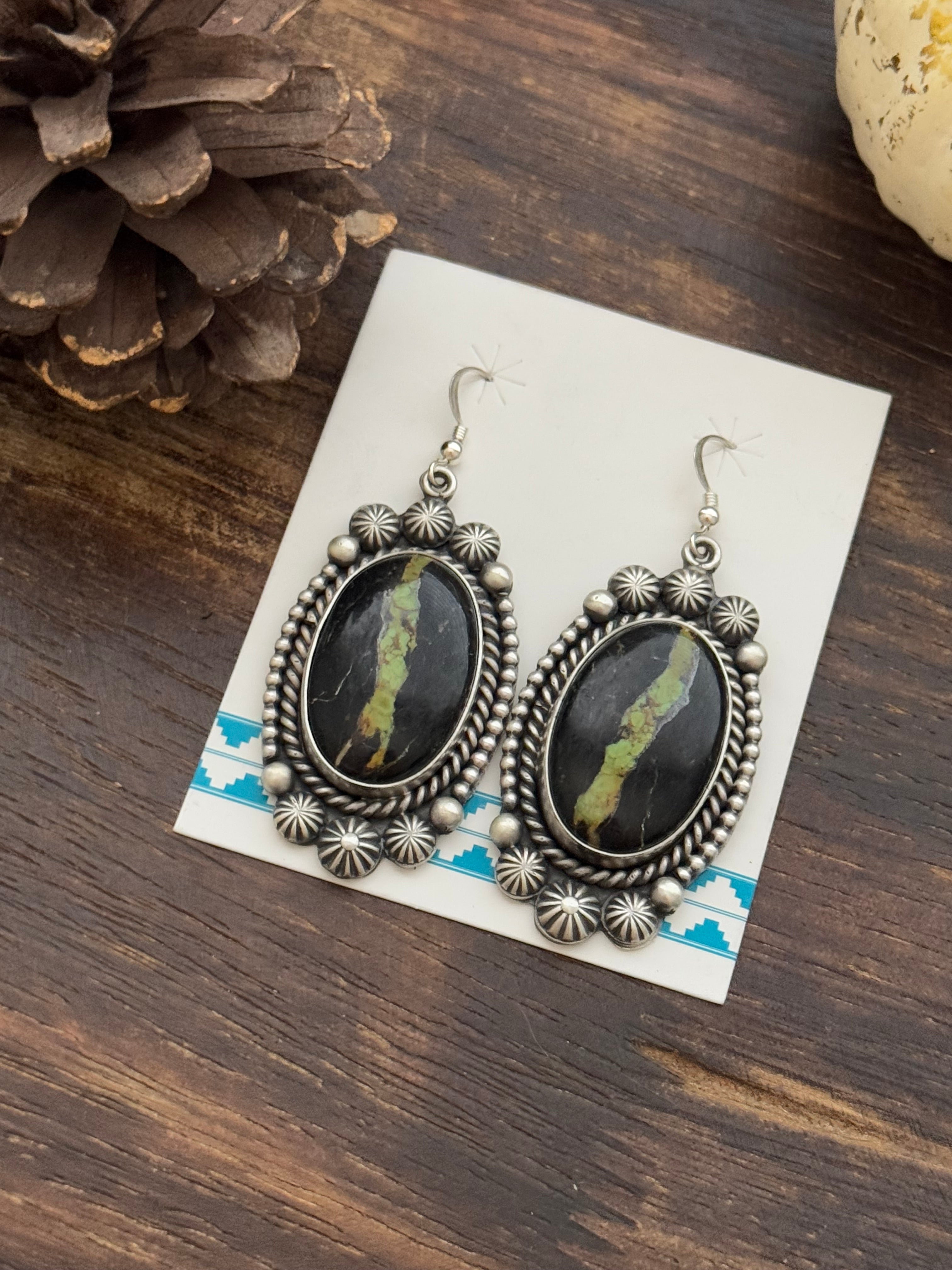 Martha Cayatineto Made Black Jack Turquoise & Sterling Silver Dangle Earrings