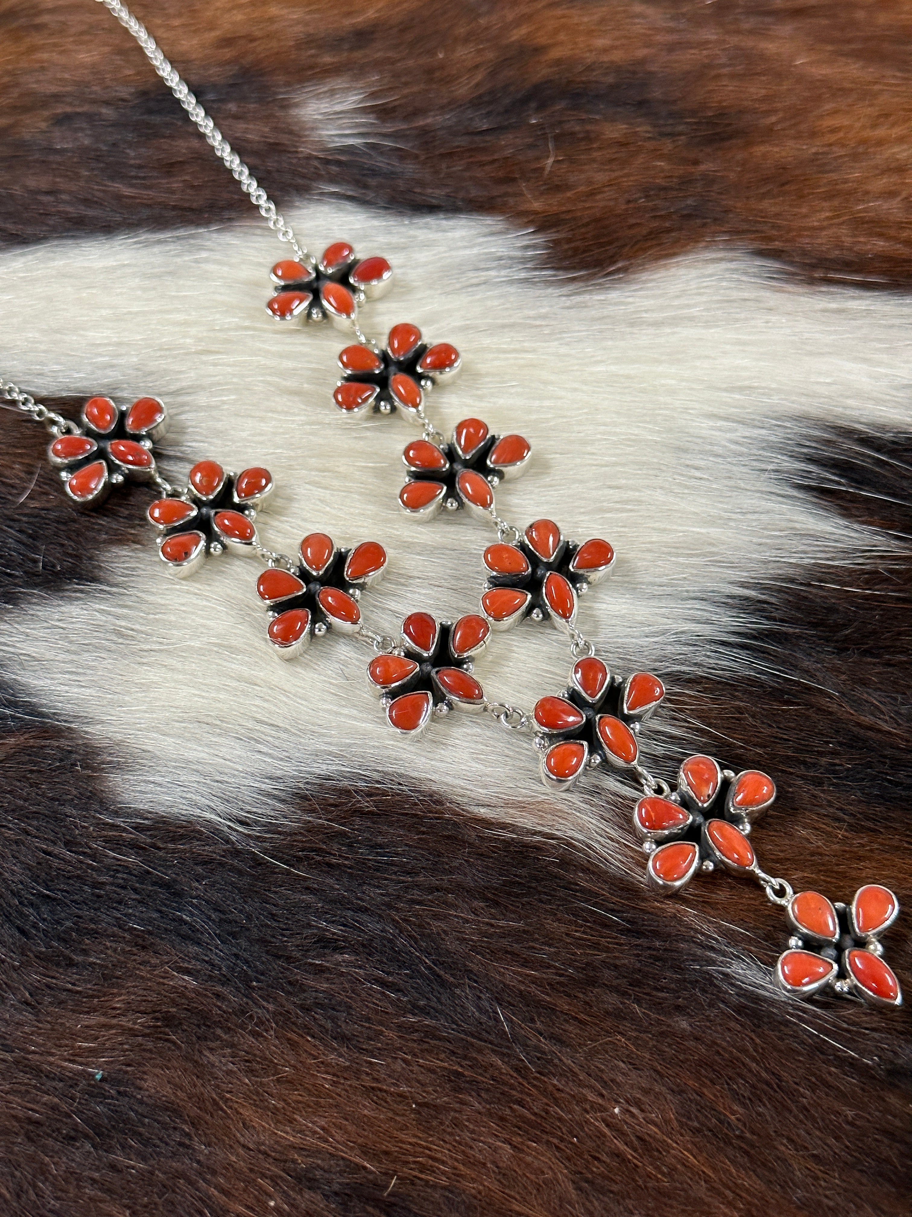 Southwest Handmade Natural Red Coral & Sterling Silver Necklace Set