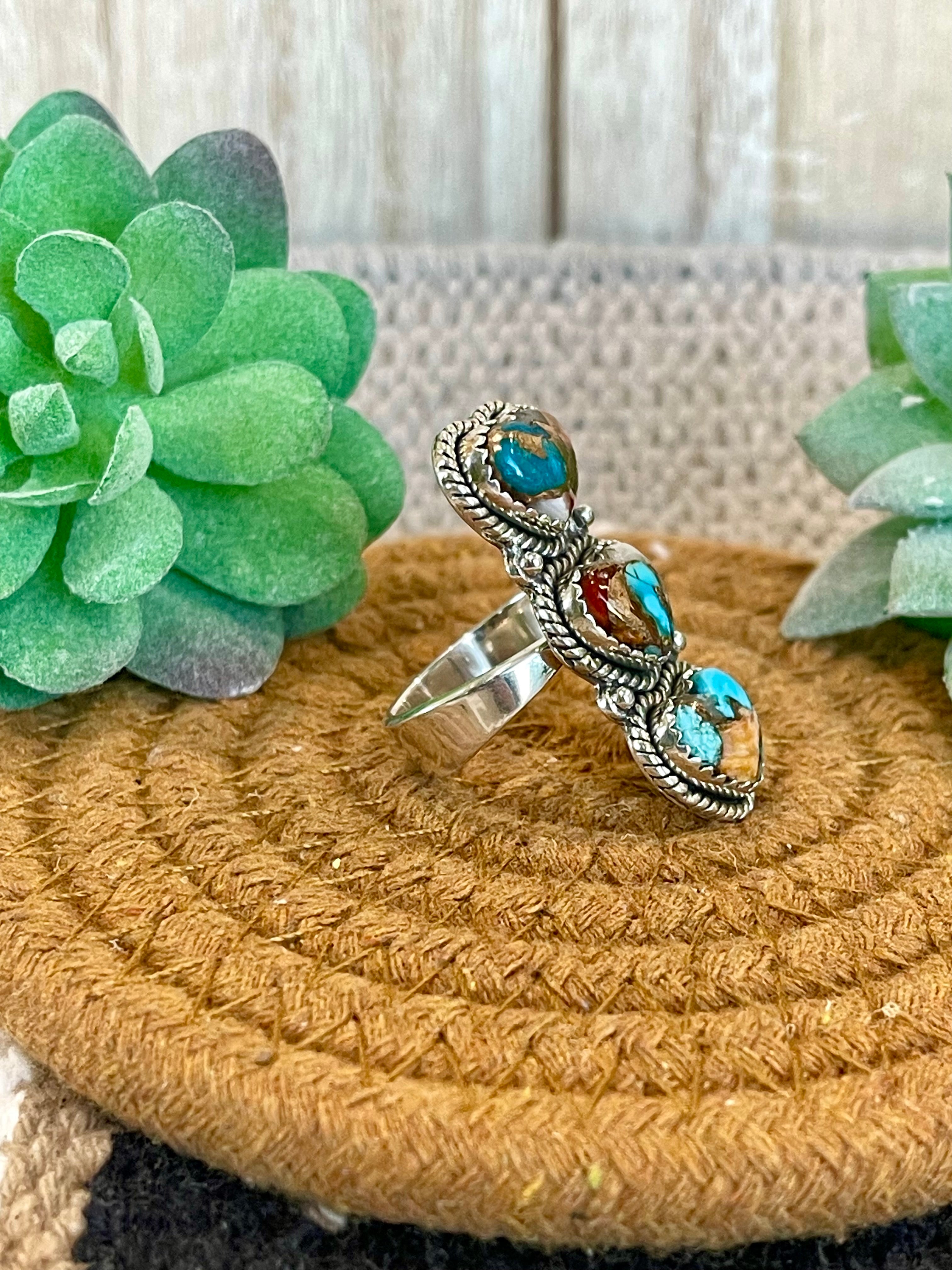 Southwest Handmade Mohave Turquoise & Sterling Silver Adjustable 3 Stone Heart  Ring