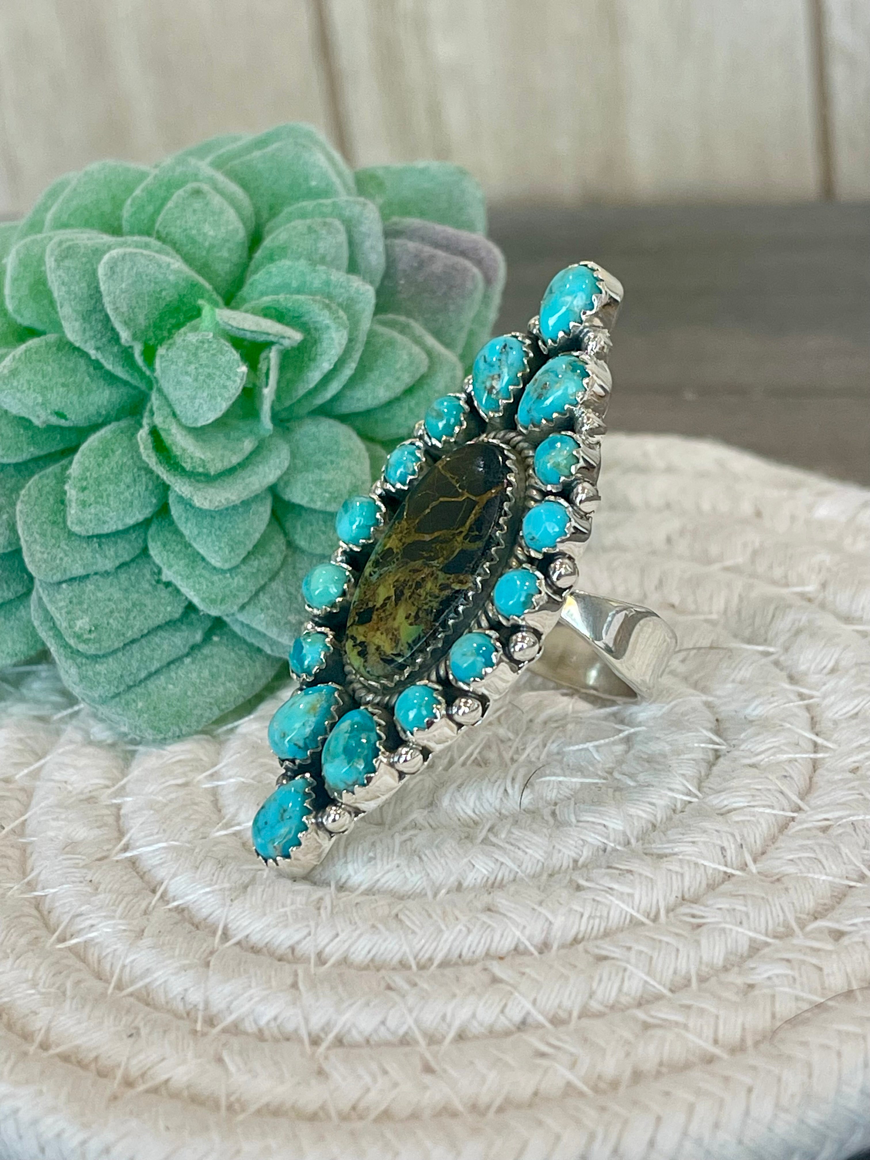 Southwest Handmade BlackJack Turquoise And Kingman Turquoise & Sterling Silver Adjustable Ring