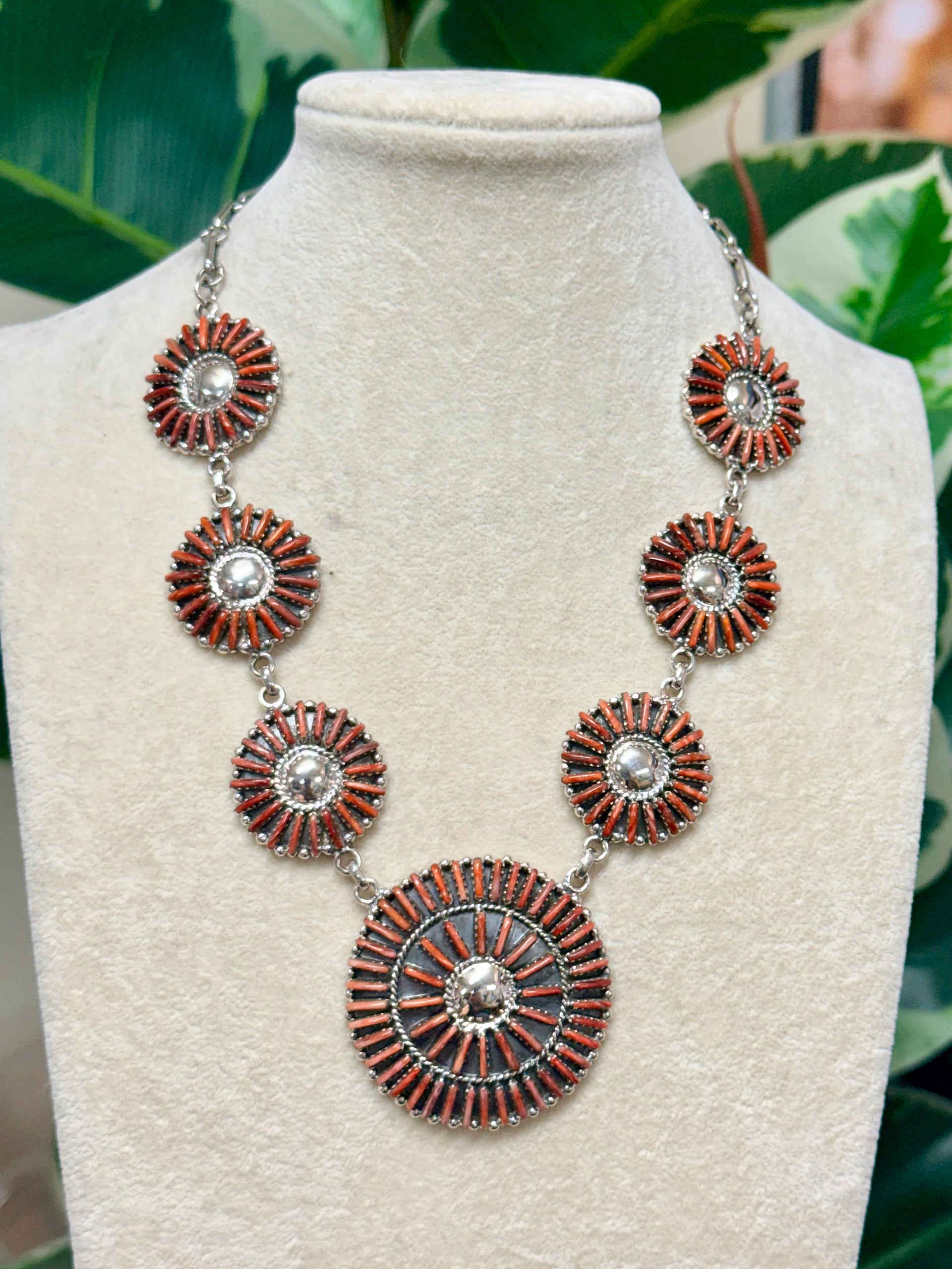 Southwest Handmade Red Spiny Oyster & Sterling Silver Necklace Set
