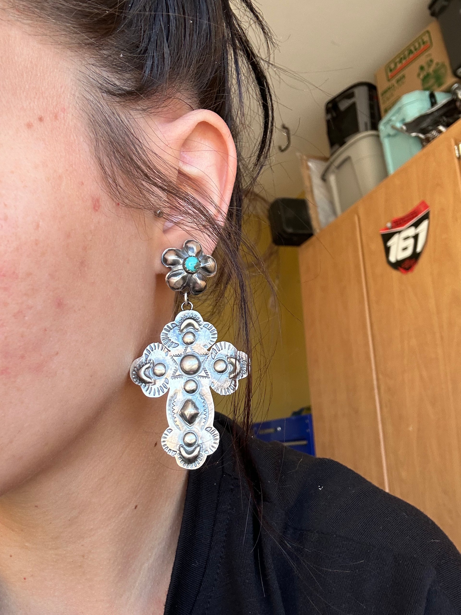 Tim Yazzie Kingman Turquoise & Sterling Silver Post Dangle Concho Earrings
