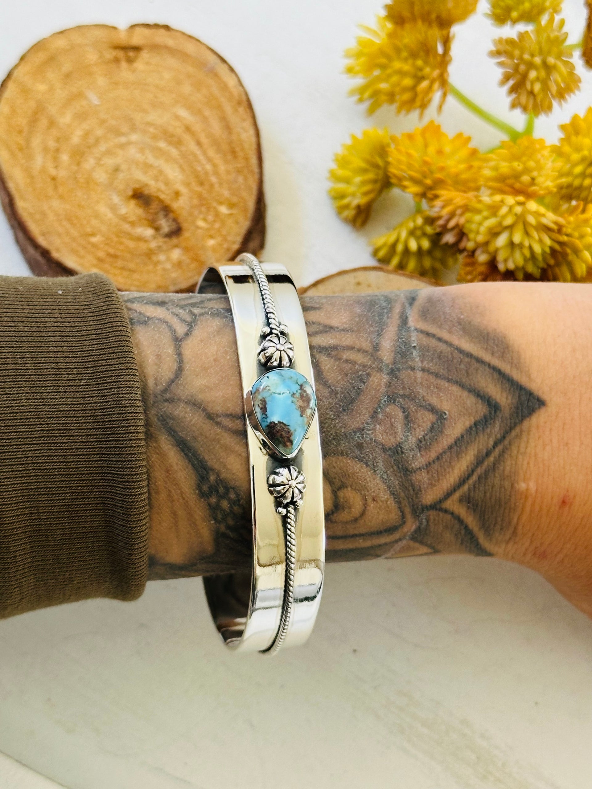 Southwest Made Golden Hills Turquoise & Sterling Silver Cuff Bracelet