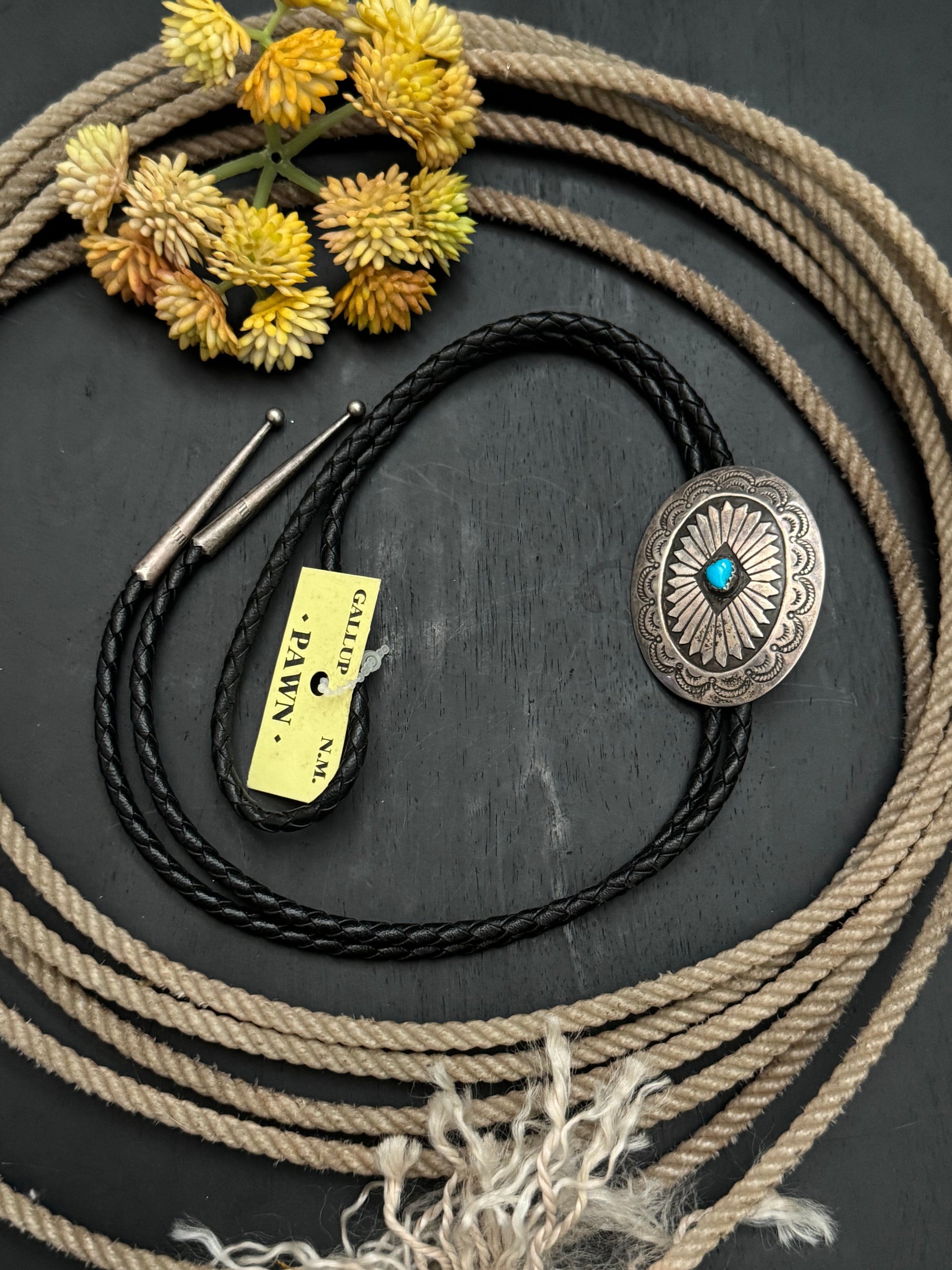 OLD PAWN Navajo Made Kingman Turquoise & Sterling Silver Bolo Tie