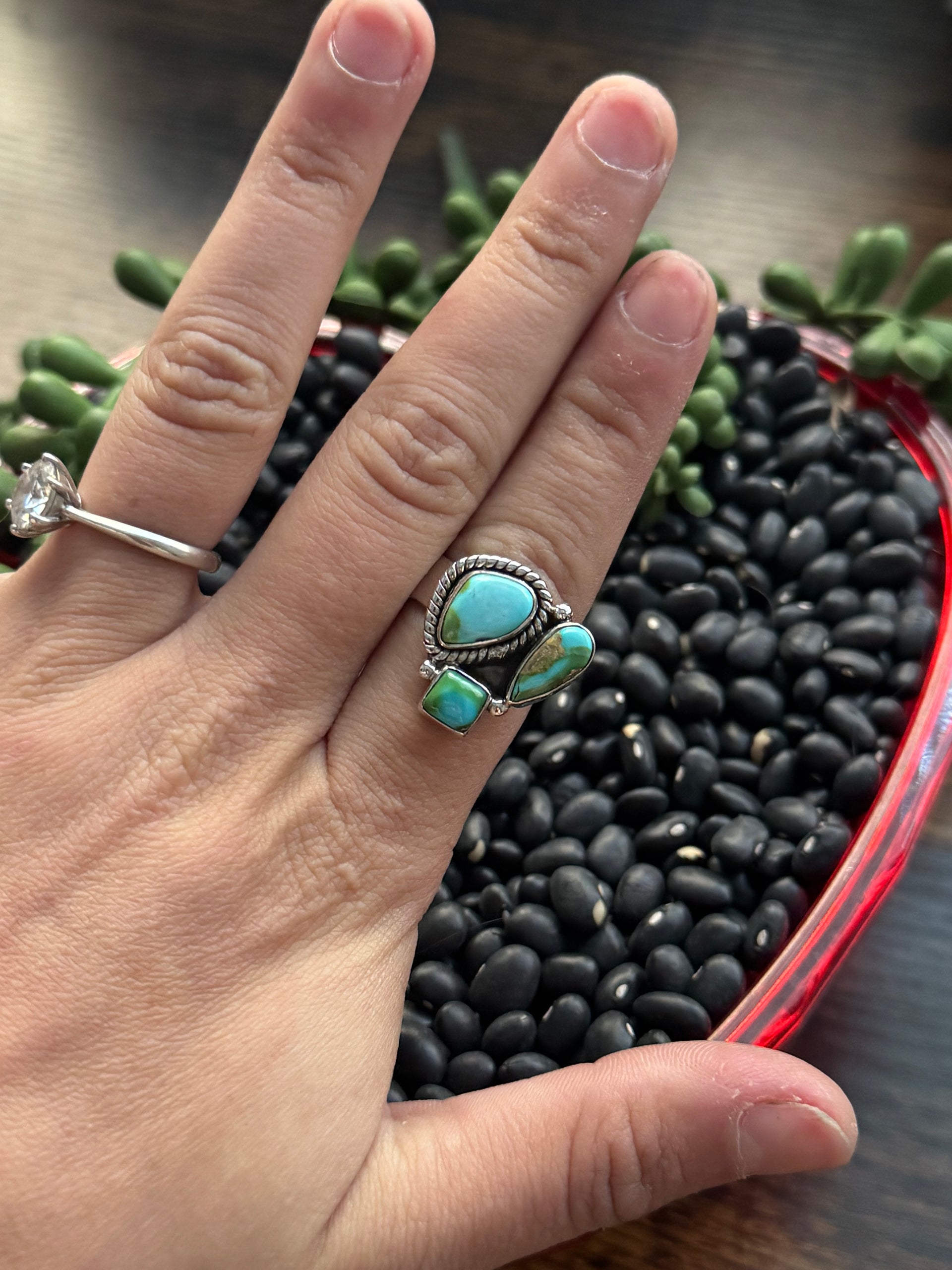 Southwest Handmade Sonoran Mountain Turquoise & Sterling Silver Adjustable Cluster Ring