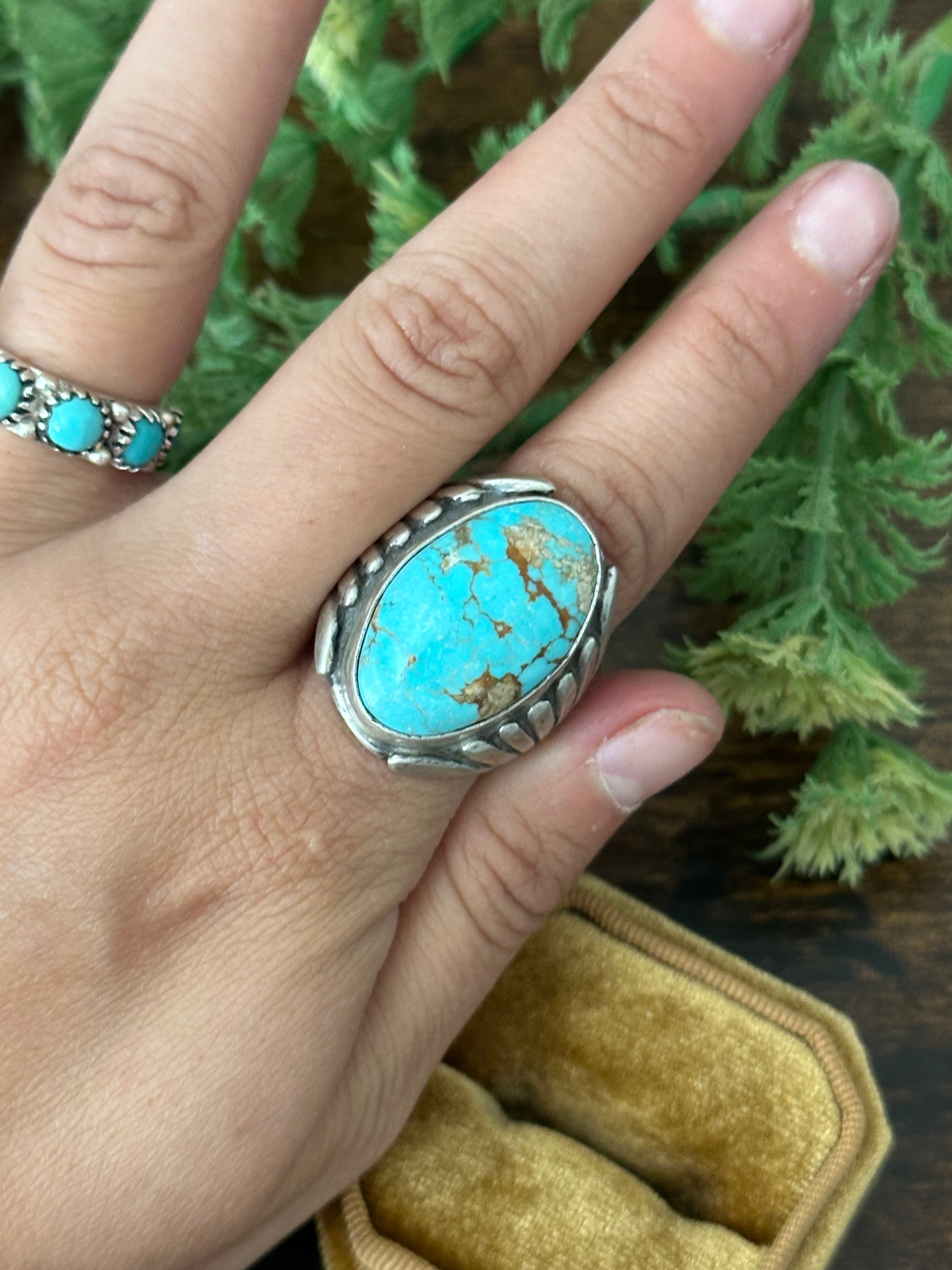 Navajo Made Kingman Turquoise & Sterling Silver Ring Size 9.5