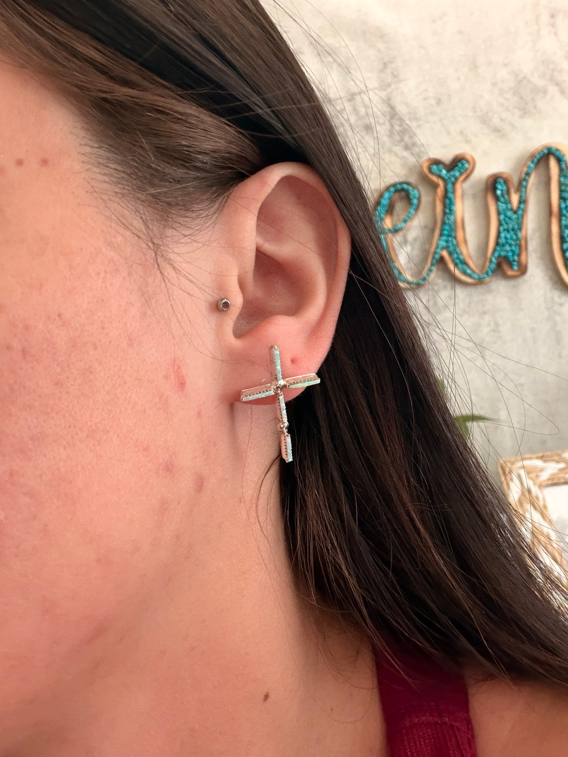 Zuni Made Opal (Man Made) & Sterling Silver Post Cross Earrings