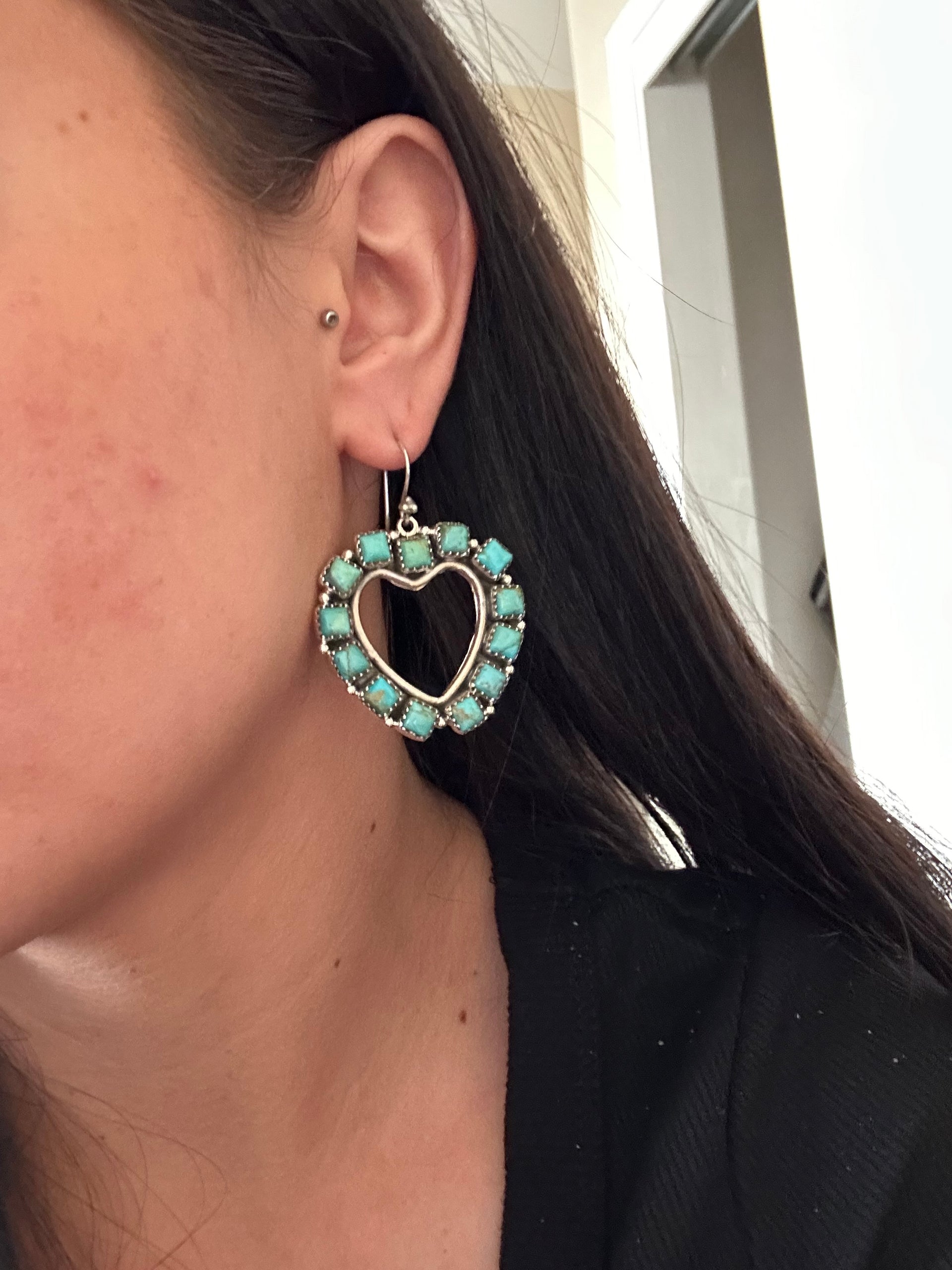 Southwest Kingman Turquoise & Sterling Silver Dangle Cluster Heart Earrings