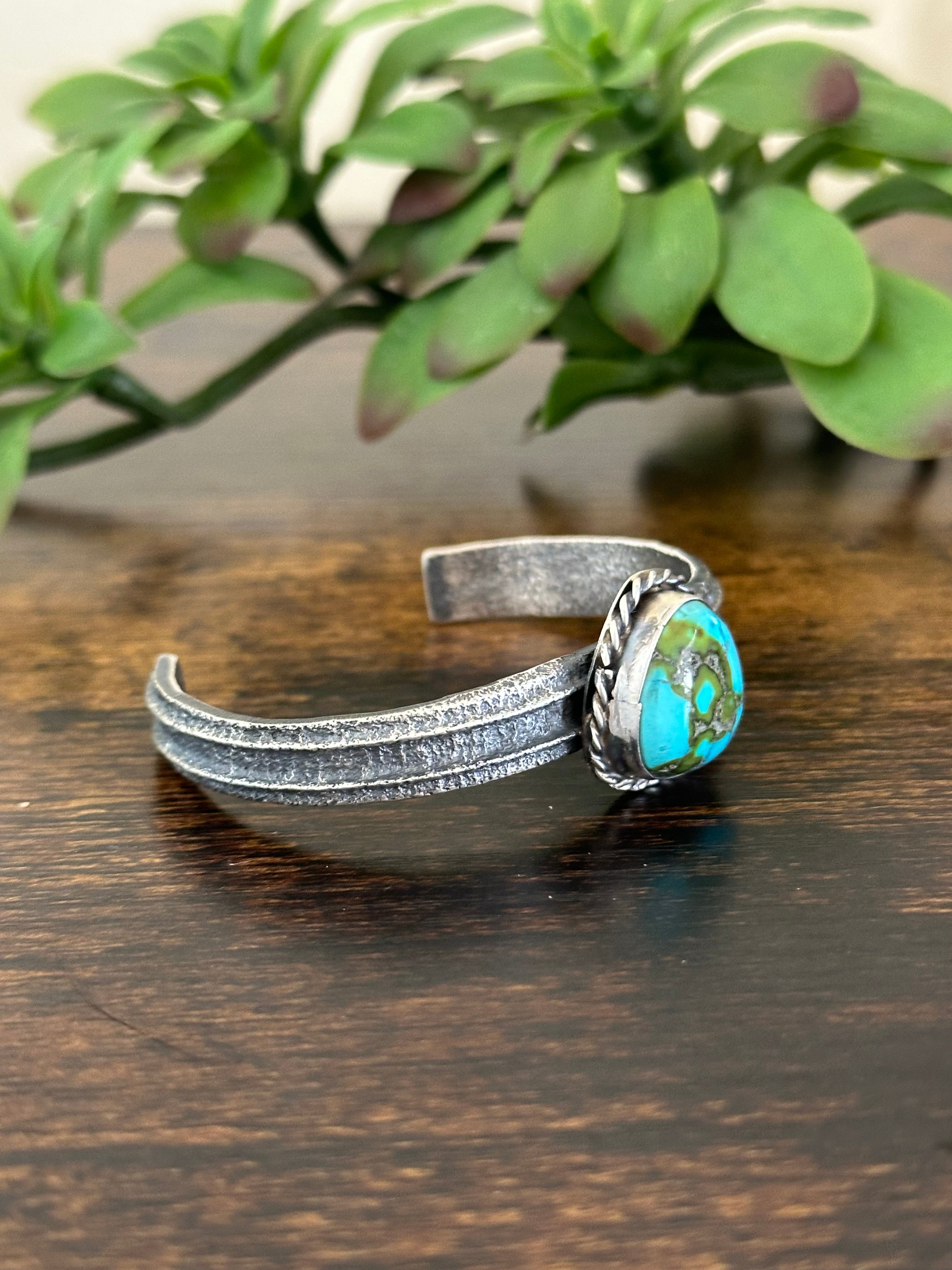 Navajo Made Sonoran Mountain Turquoise & Sterling Silver Tufa Cast Cuff Bracelet