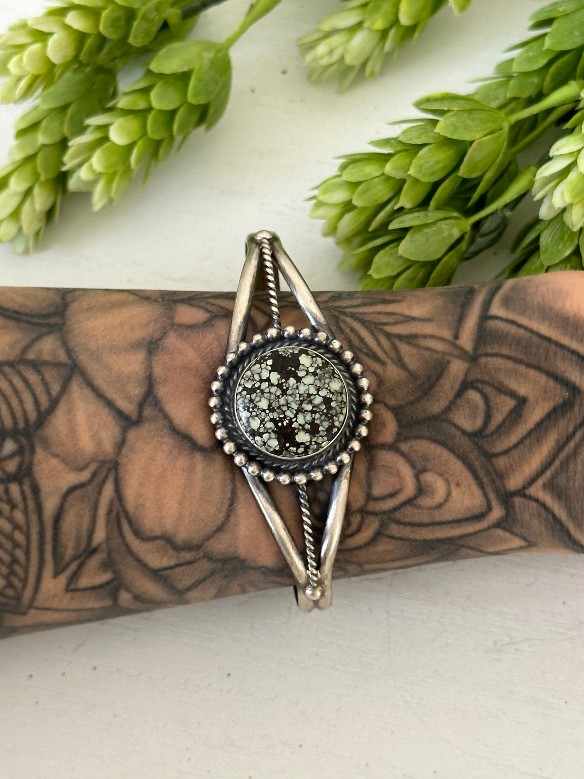 Navajo Made New Lander Variscite & Sterling Silver Cuff Bracelet