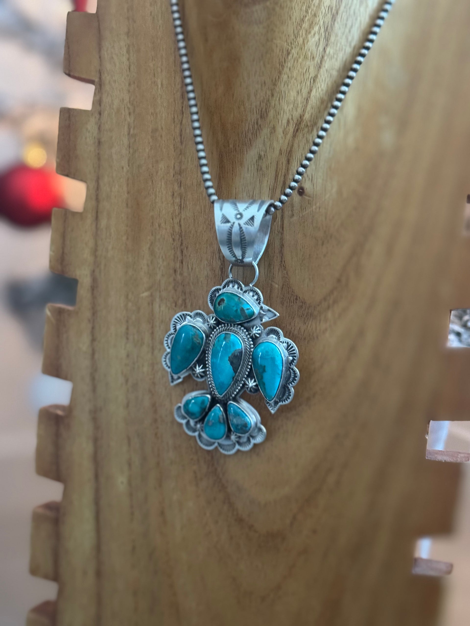 Charles Johnson Mixed Turquoise & Sterling Silver Thunderbird Cluster Pendant