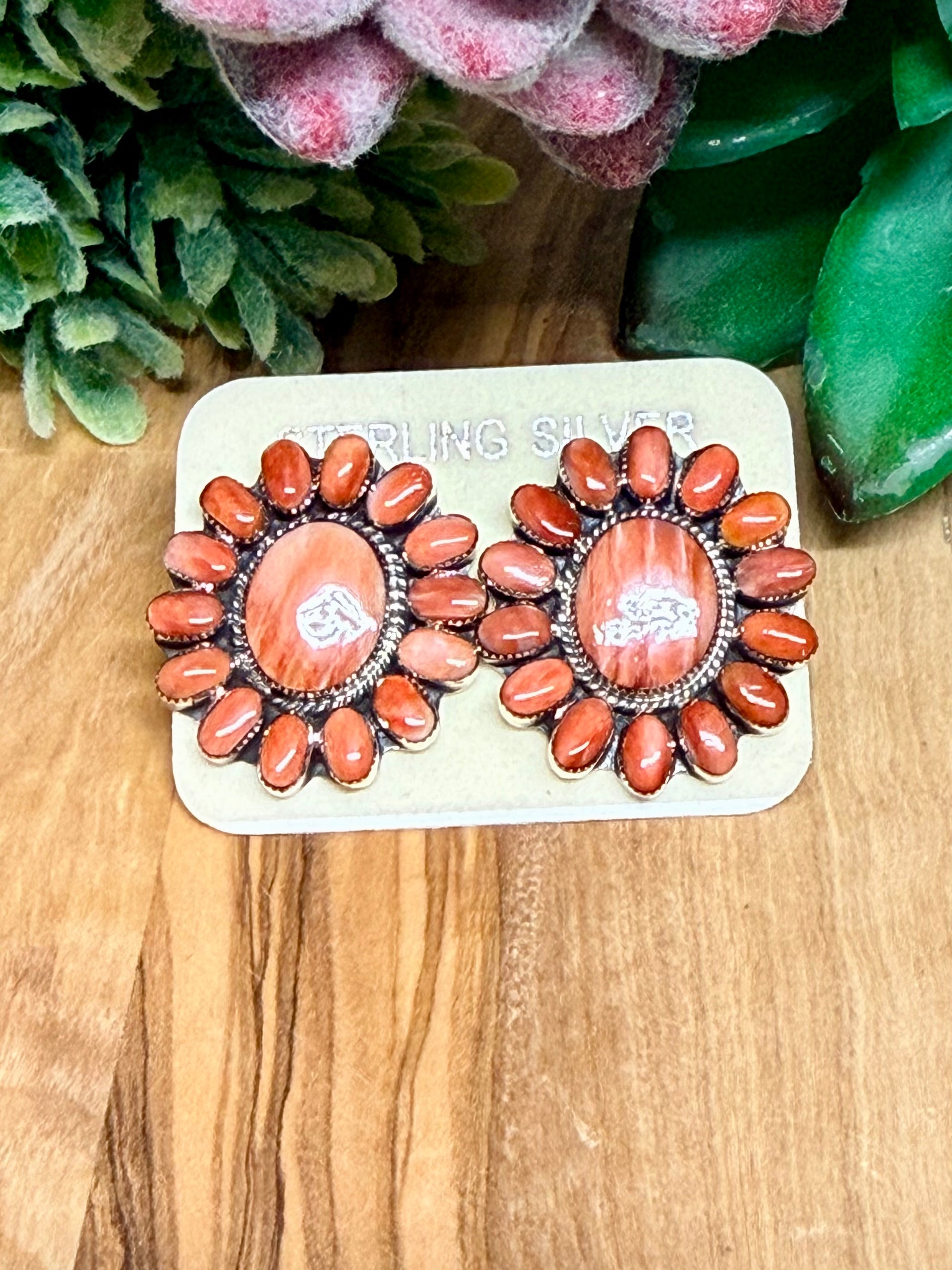Southwest Handmade Red Spiny Oyster & Sterling Silver Earrings