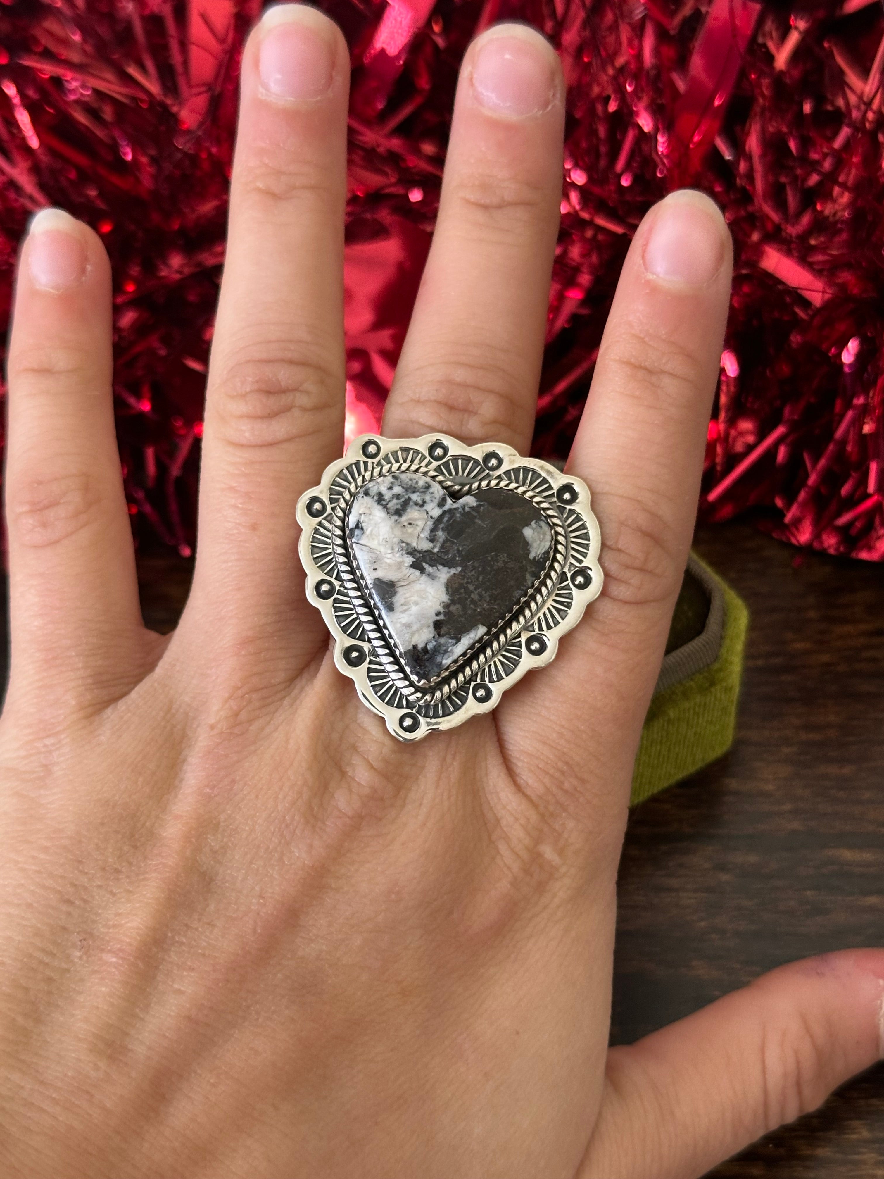 Southwest Handmade White Buffalo & Sterling Silver Adjustable Heart Ring