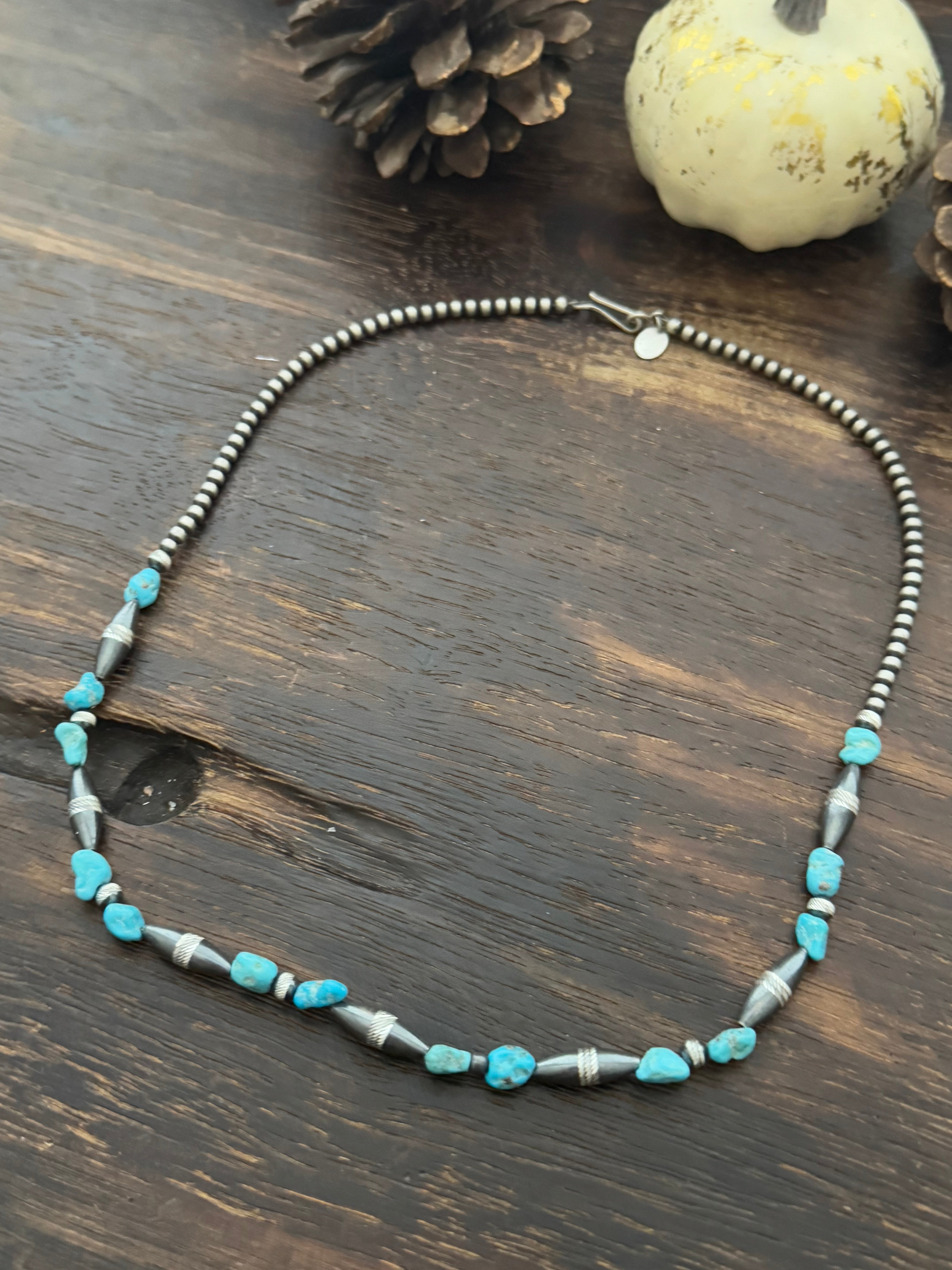 Navajo Strung Kingman Turquoise & Sterling Silver Beaded Necklace