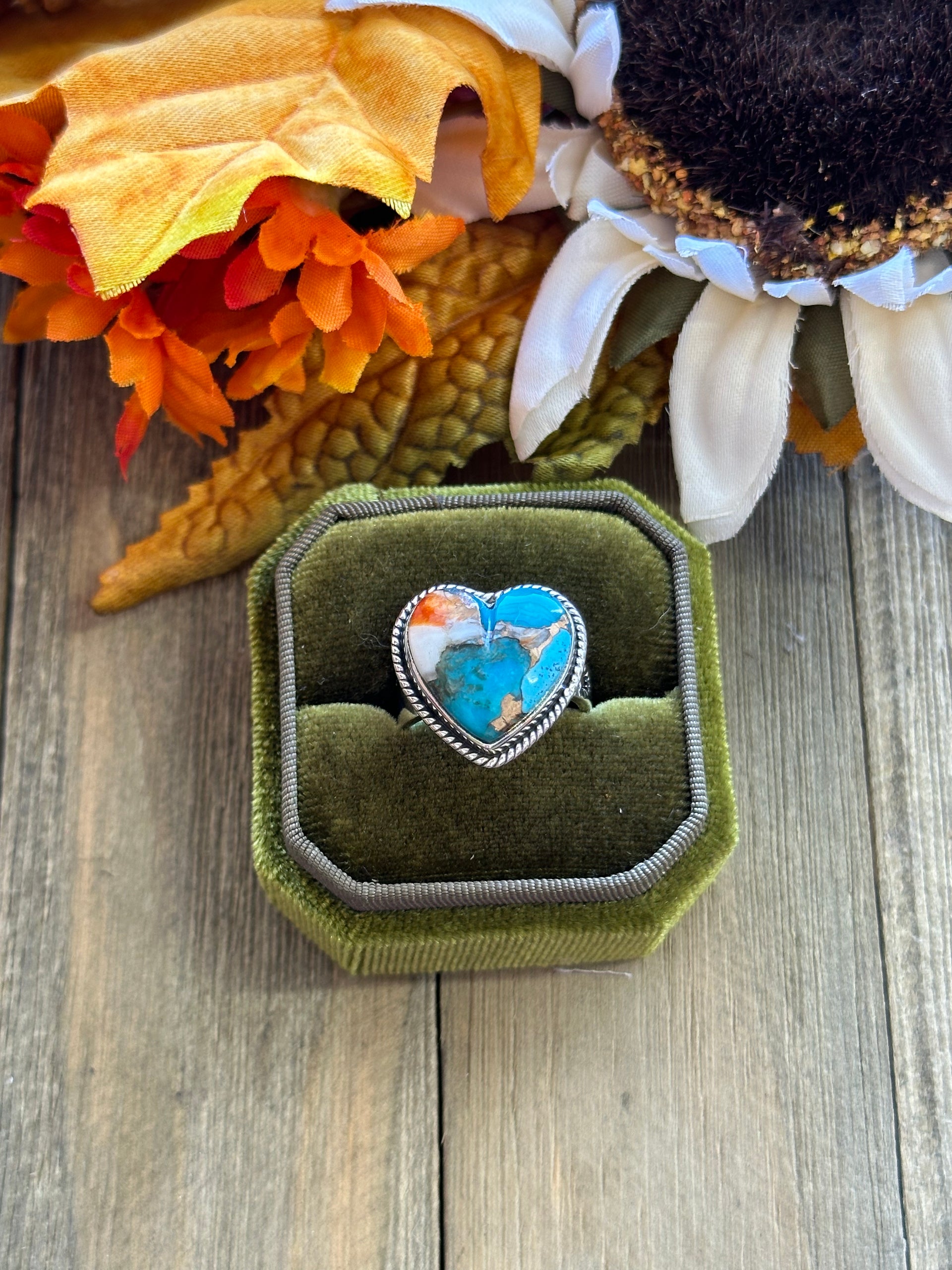 Southwest Handmade Mohave Turquoise & Sterling Silver Adjustable Heart Ring