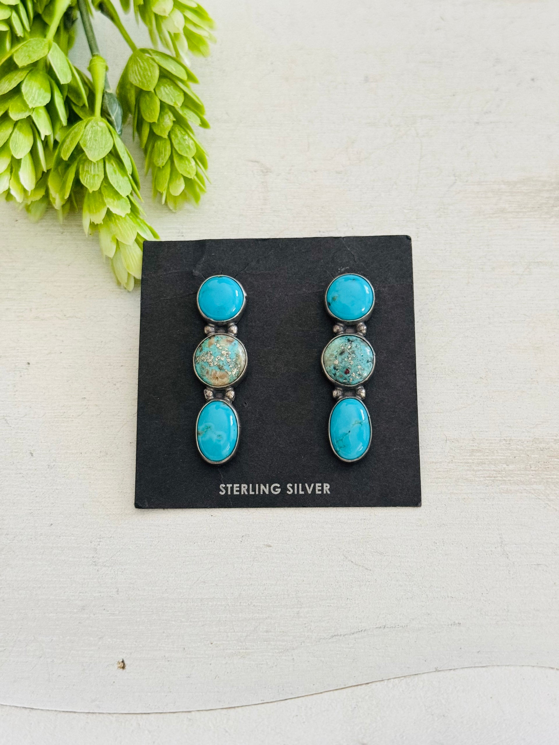 Navajo Made Kingman Turquoise & Sterling Silver Post Dangle Earrings