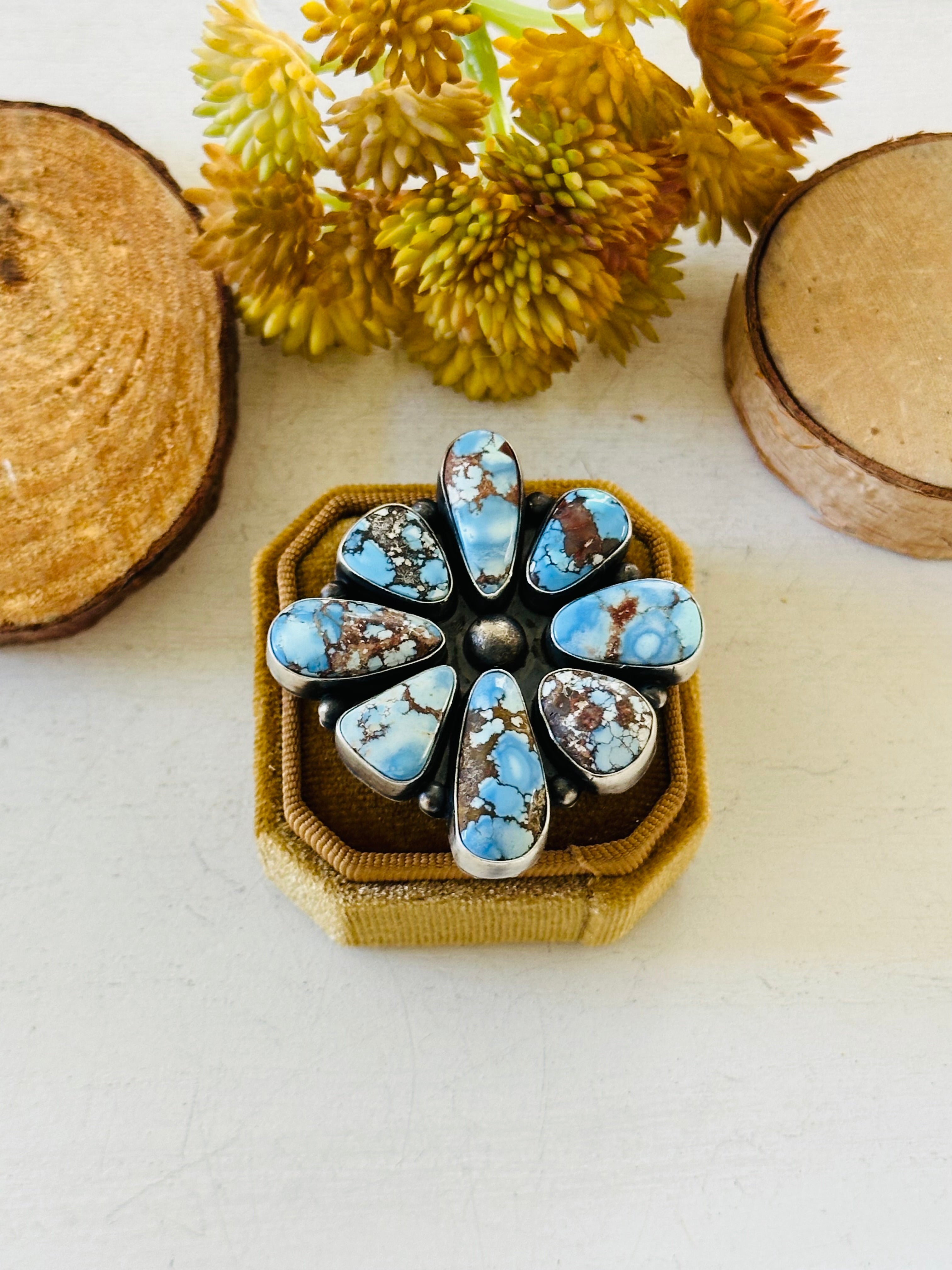 Navajo Made Golden Hills Turquoise & Sterling Silver Cluster Ring Size 6.25
