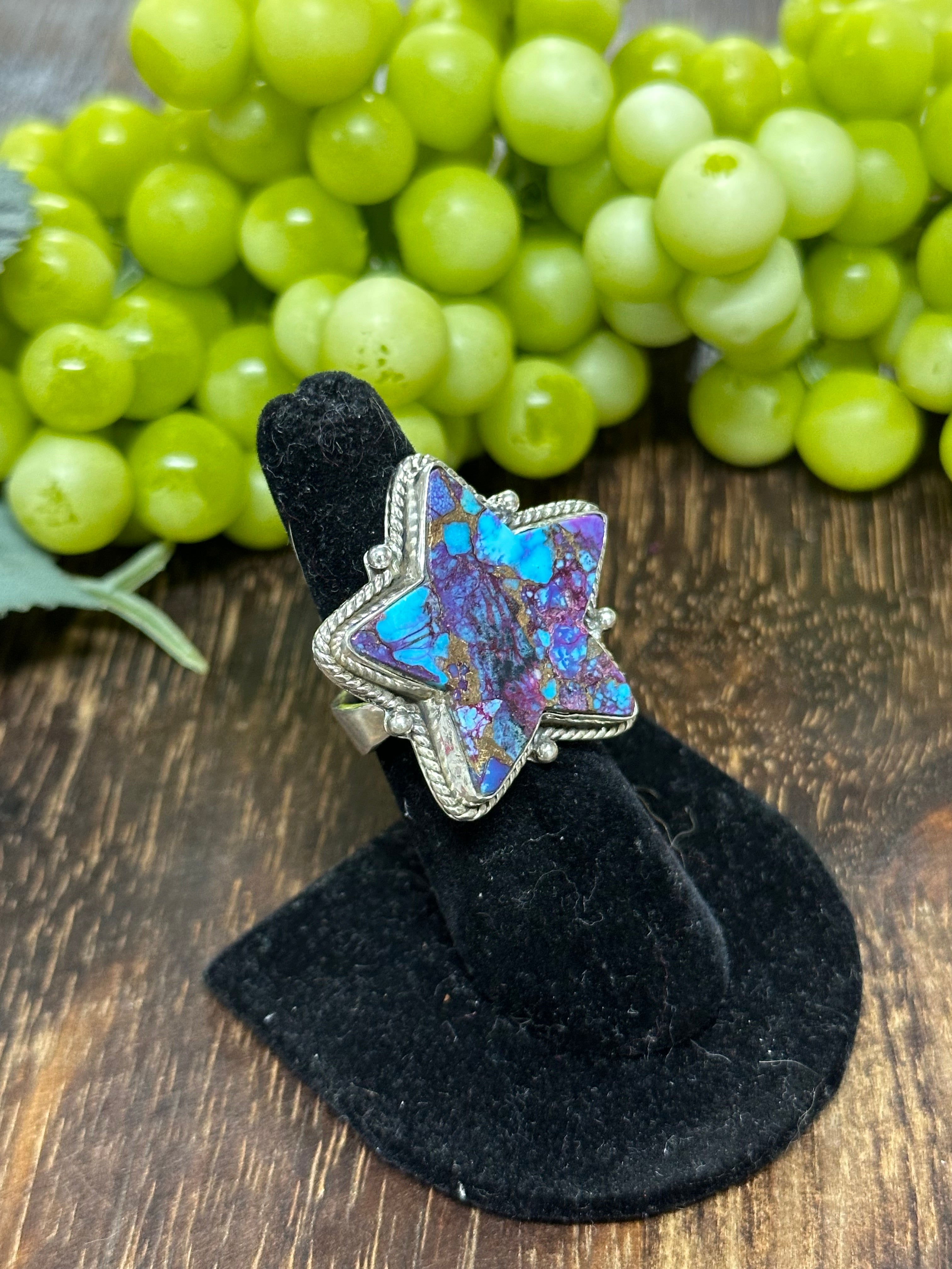 Southwest Handmade Mohave Turquoise & Sterling Silver Adjustable Star Ring