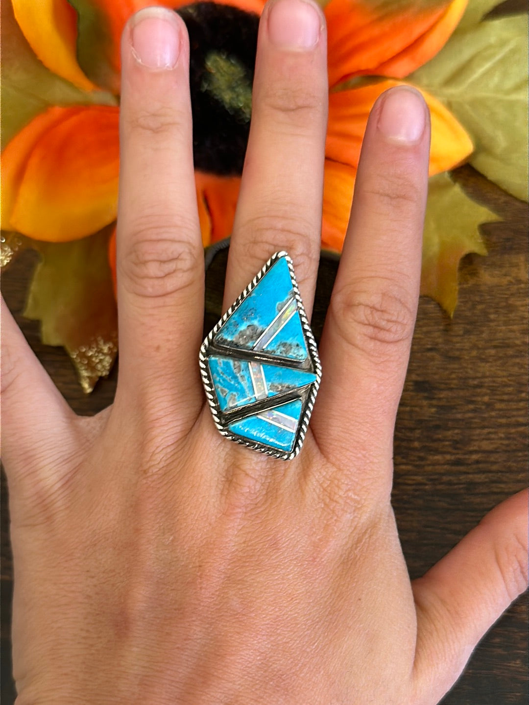 Navajo Made Multi Stone & Sterling Silver Inlay Ring Size 8.25