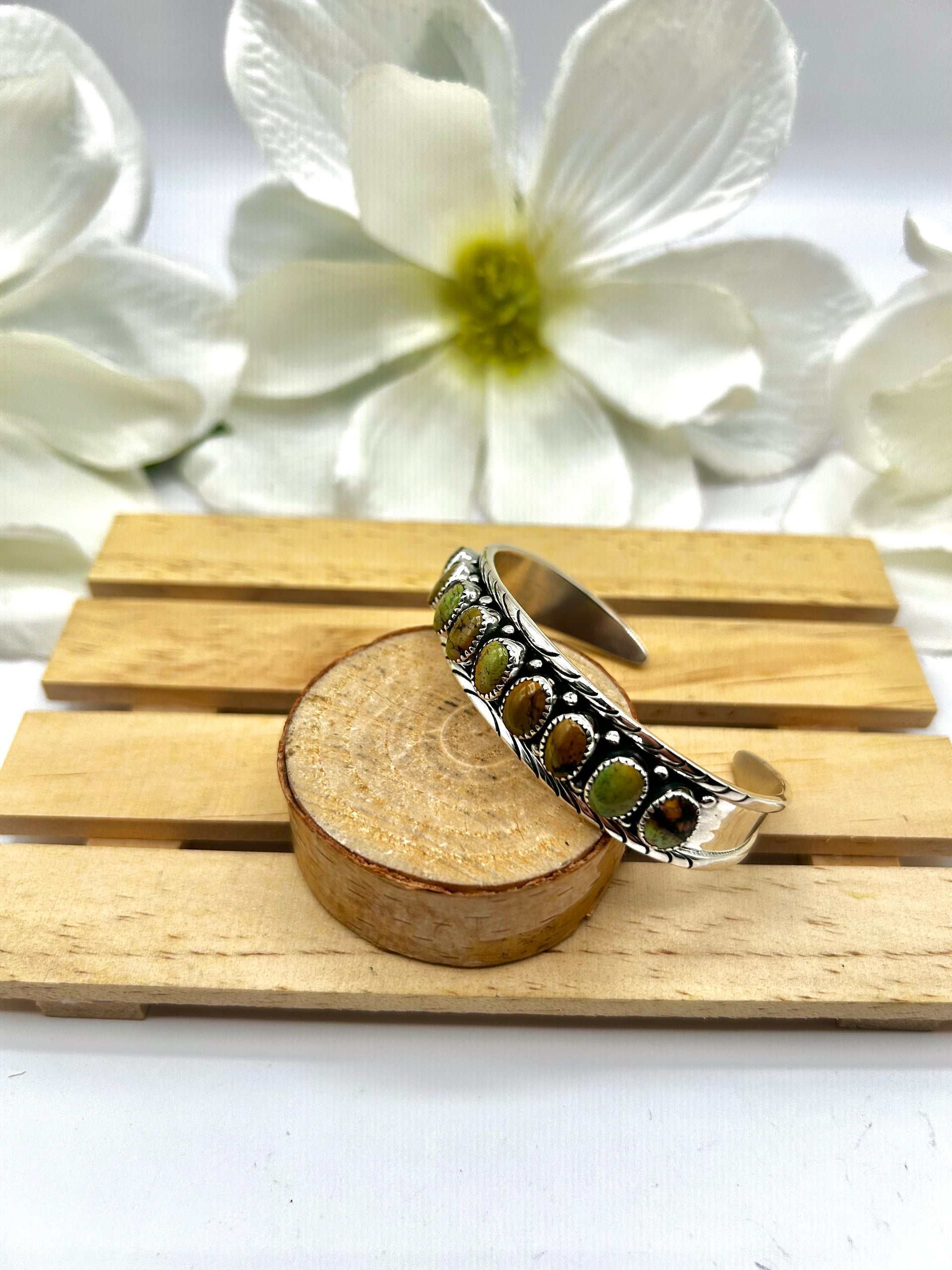 Navajo Made Hubei Turquoise & Sterling Silver Cuff Bracelet