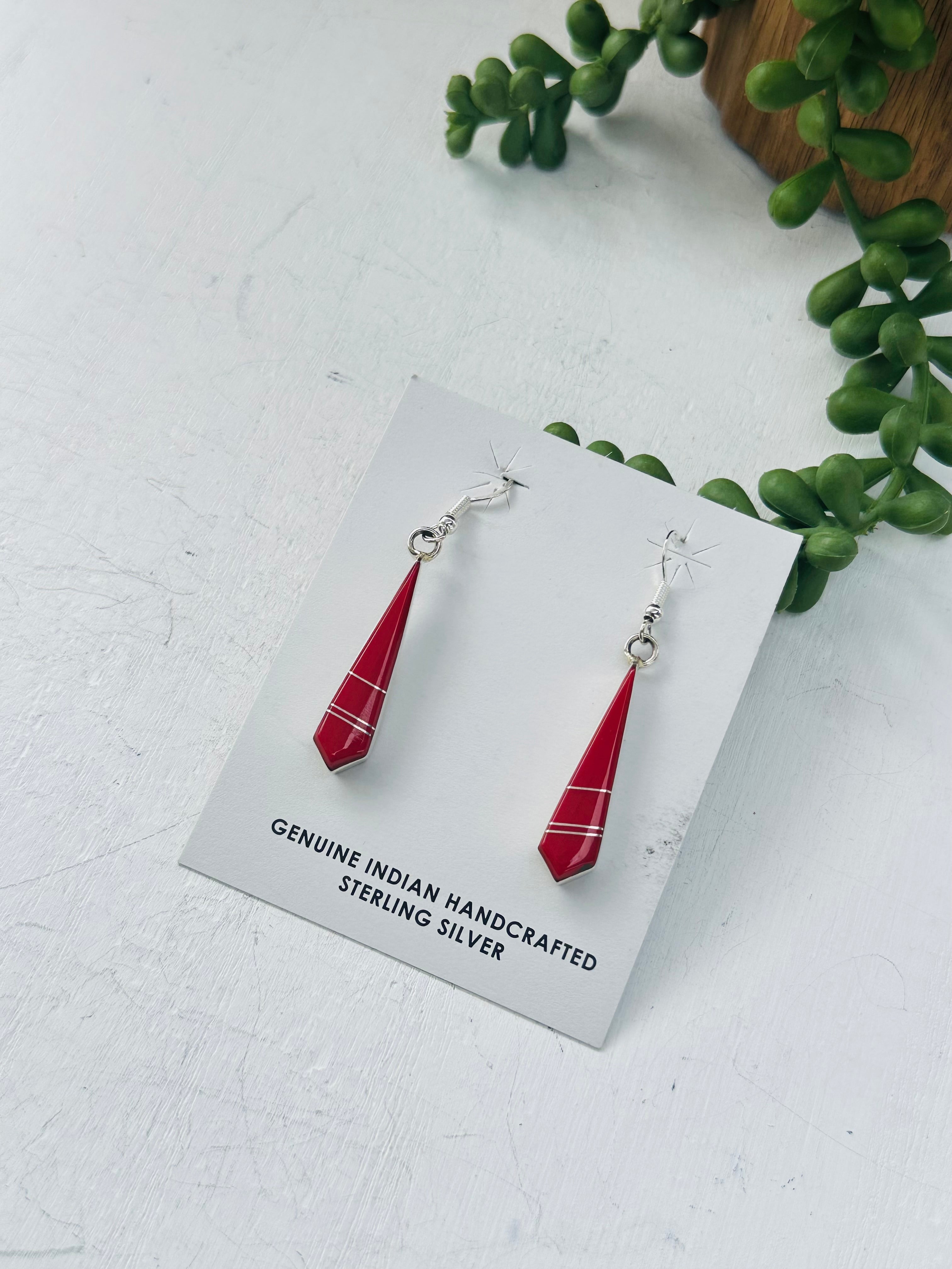 Mary Yazzie Coral & Sterling Silver Inlay Dangle Earrings