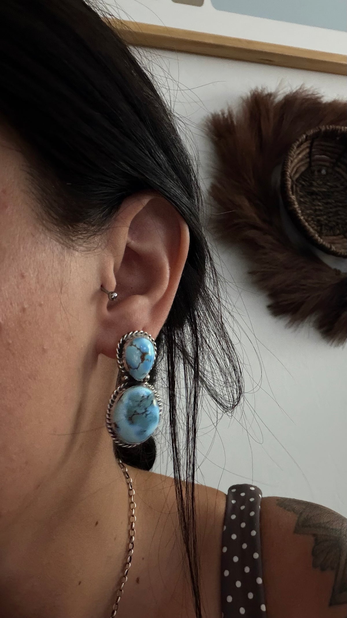 Navajo Made Golden Hill Turquoise & Sterling Silver Post Dangle Earrings