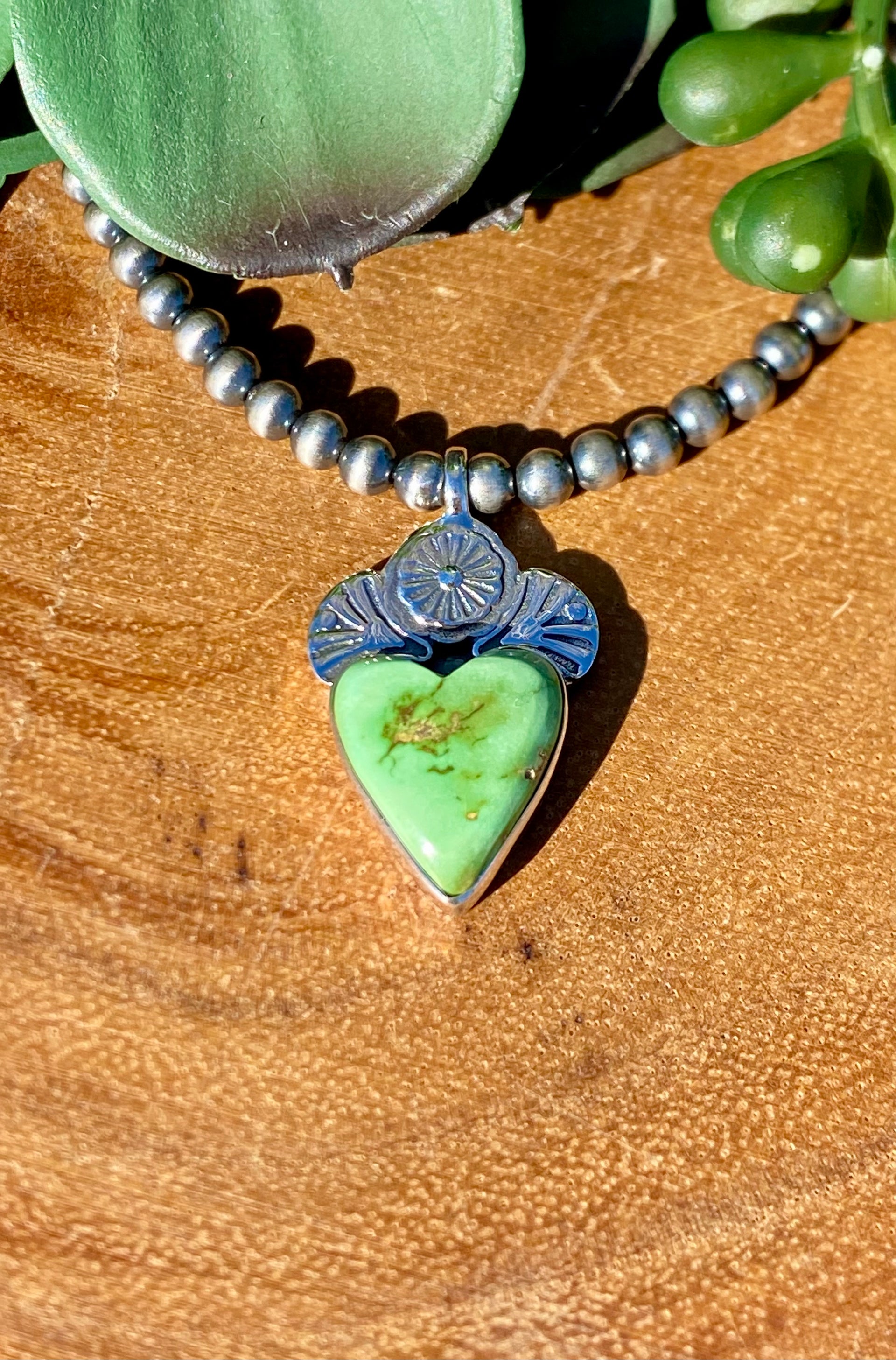 Southwest Handmade Sonoran Gold Turquoise & Sterling Silver 4mm Pearl Necklace Adjustable length Heart Shape