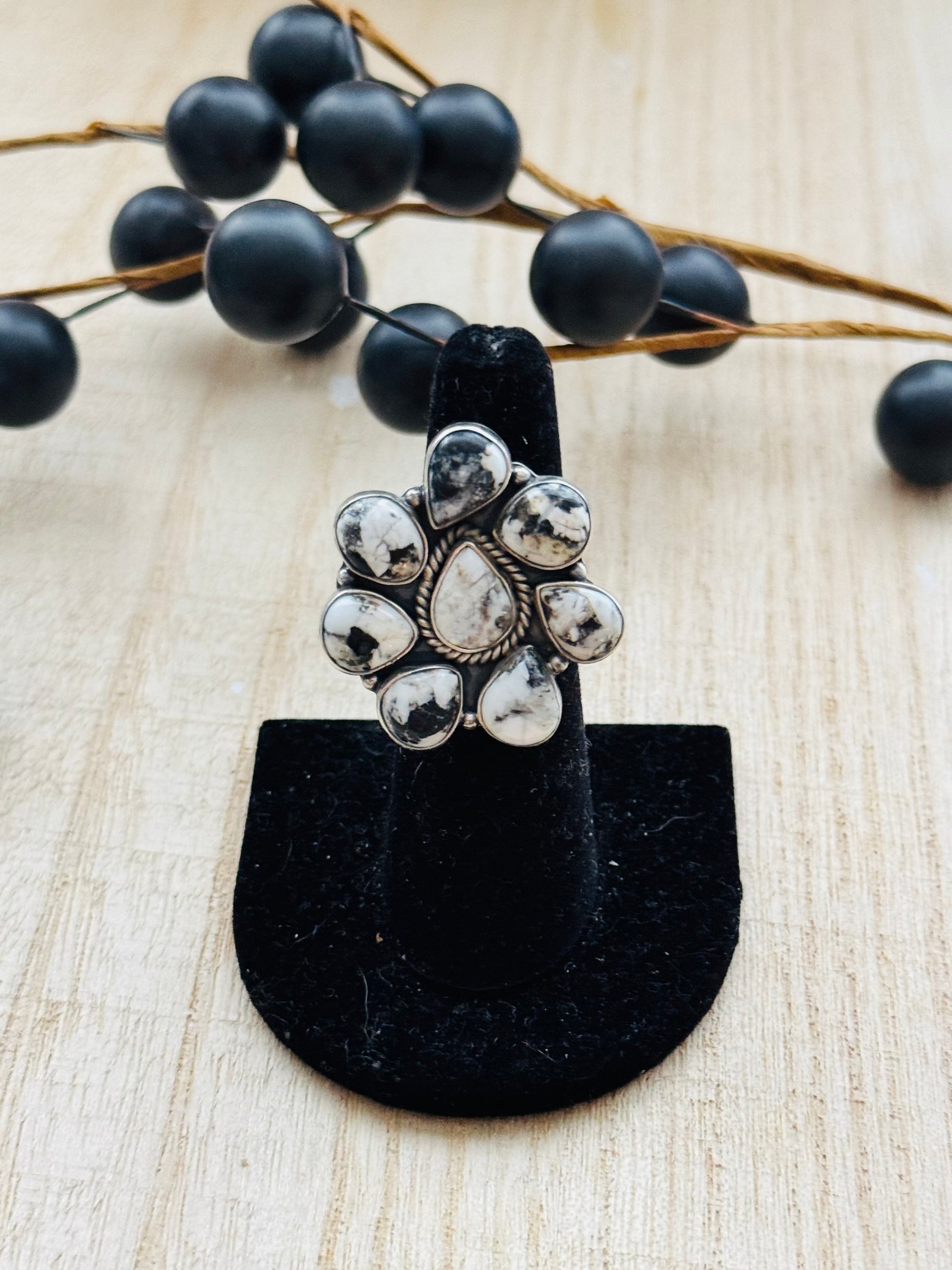 Southwest Handmade White Buffalo & Sterling Silver Adjustable Cluster Ring