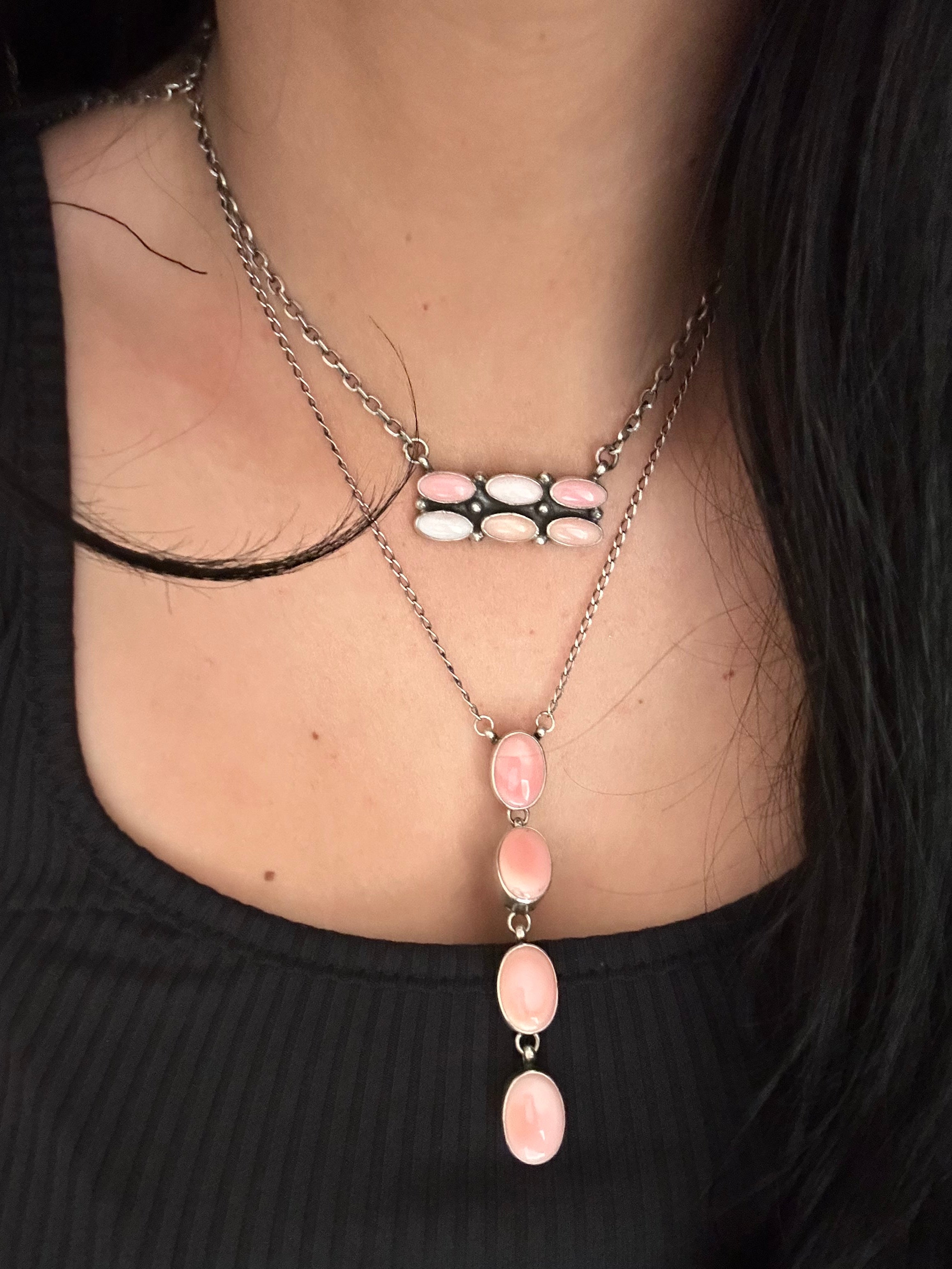 Navajo Made Pink Conch and Sterling Silver Lariat Necklace