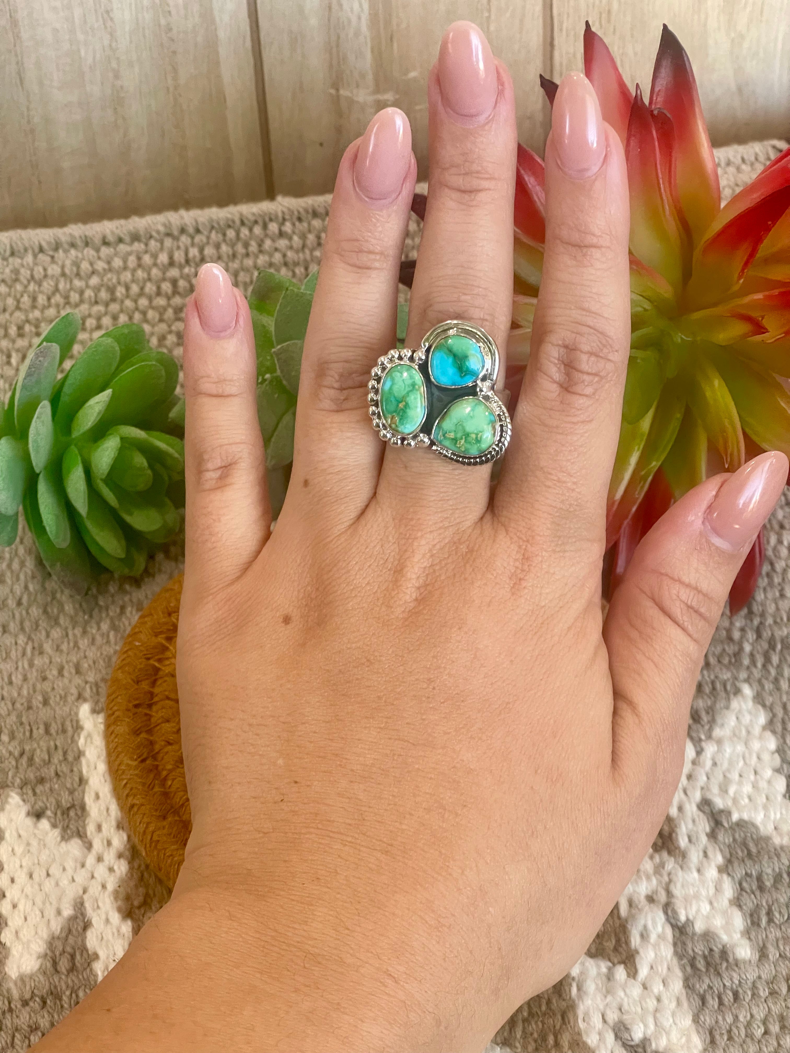 Southwest Handmade Sonoran Mountain Turquoise & Sterling Silver Adjustable 3 Stone Ring