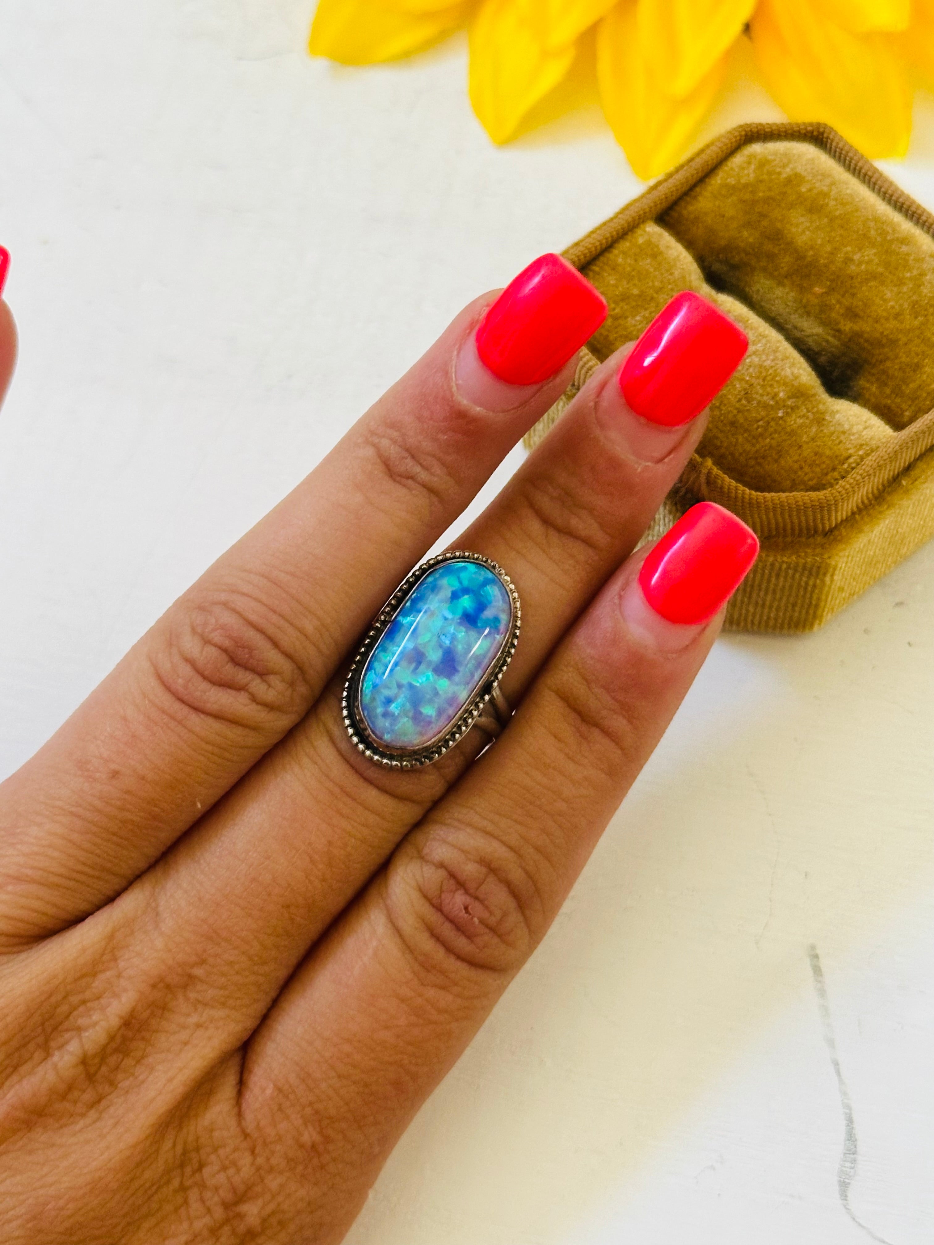 Navajo Made Blue Opal & Sterling Silver Ring Size 7.75