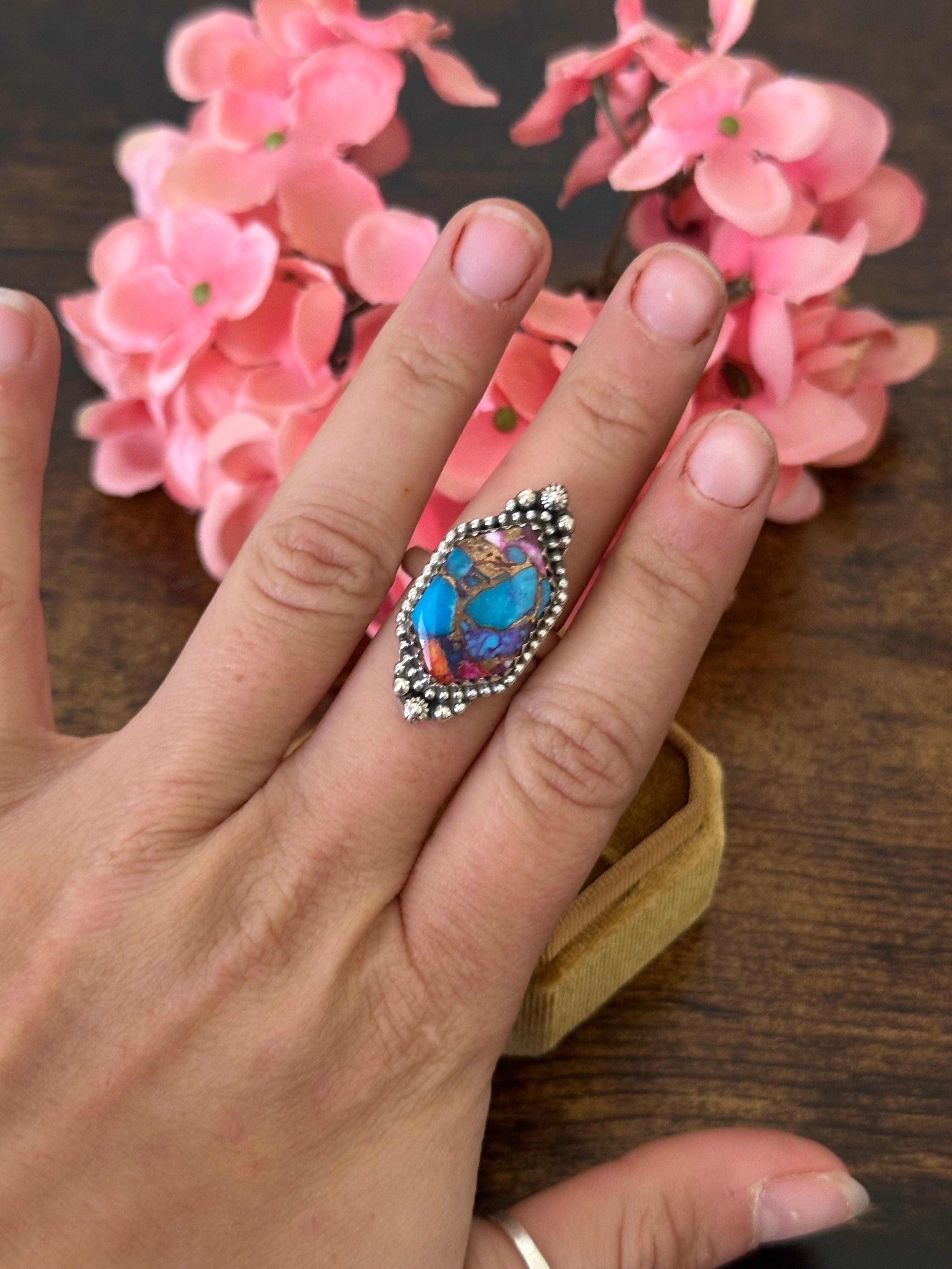 Southwest Handmade Pink Mohave Turquoise & Sterling Silver Ring Size 8