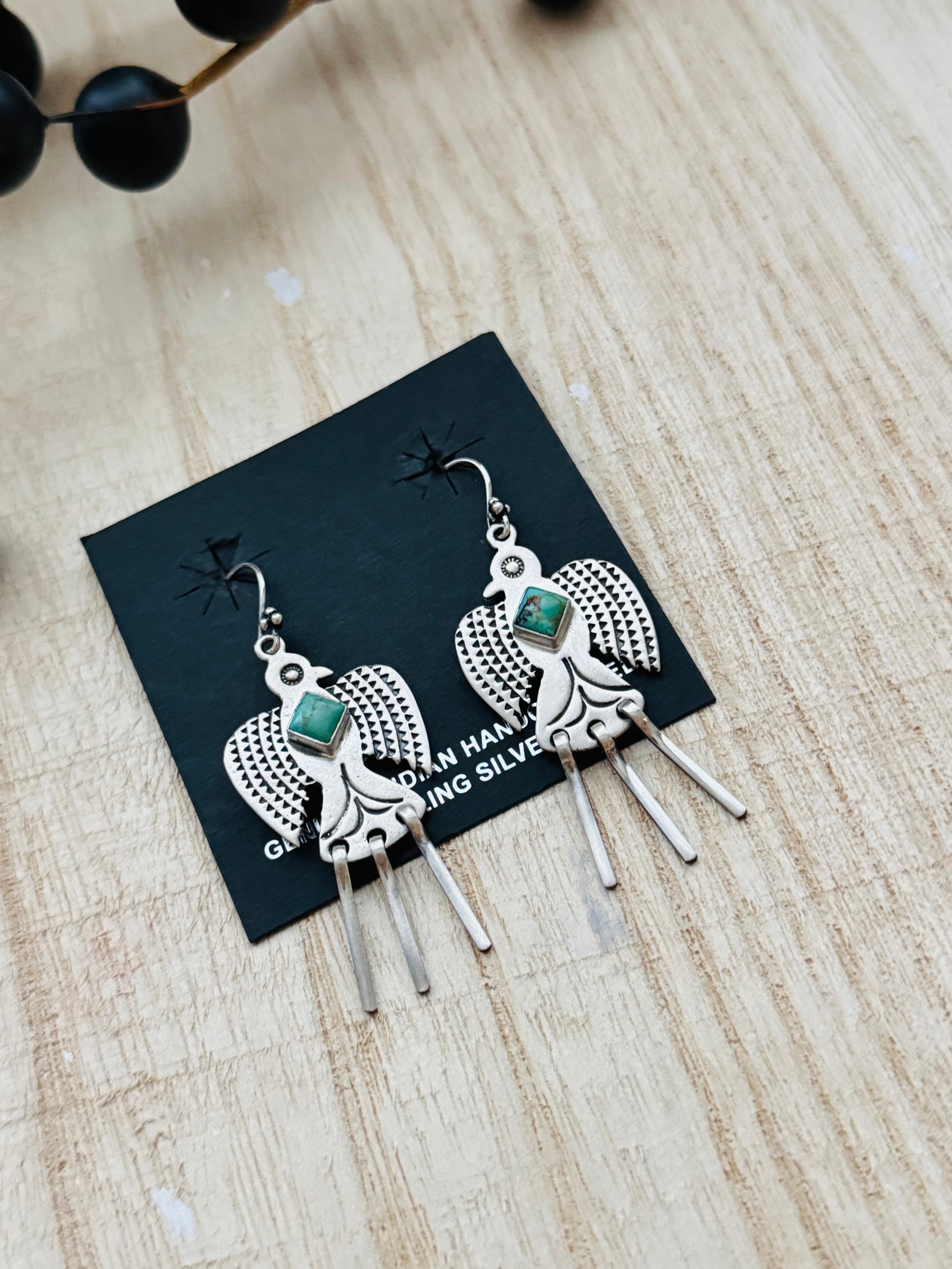 Southwest Handmade Kingman Turquoise & Sterling Silver Dangle Thunderbird Earrings