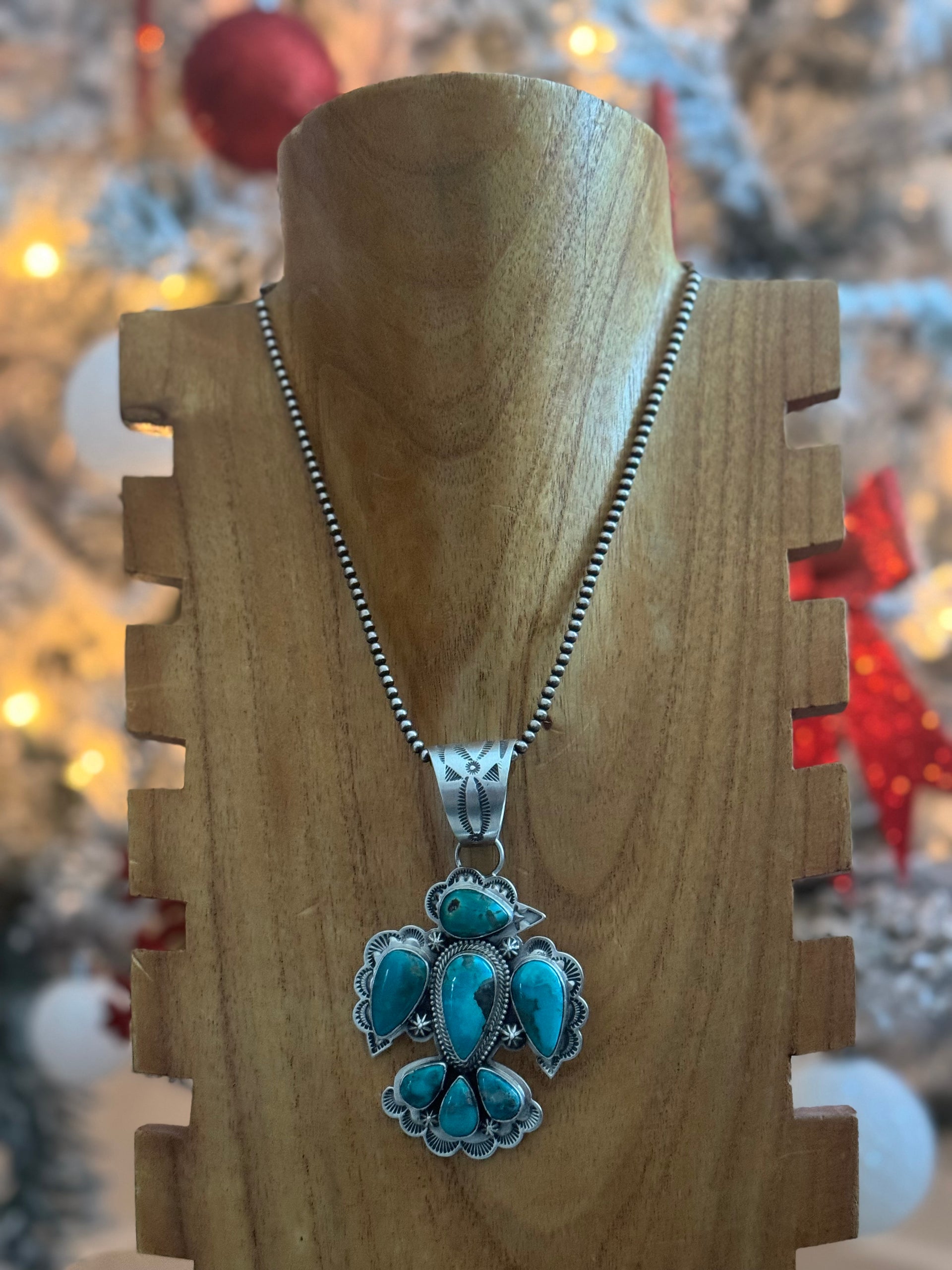 Charles Johnson Mixed Turquoise & Sterling Silver Thunderbird Cluster Pendant