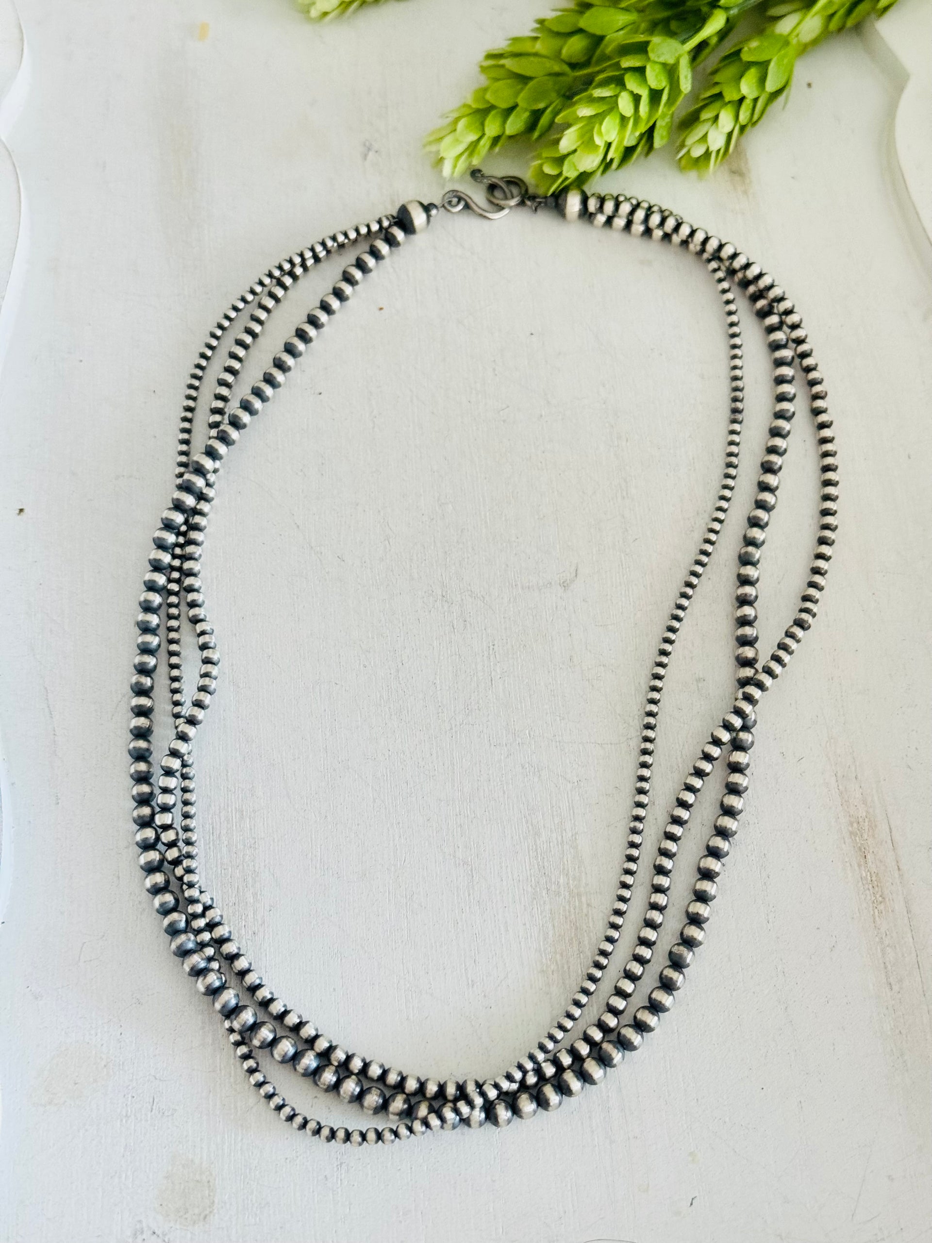 Navajo Strung 3 Strand Sterling Silver Pearls Beaded Necklace