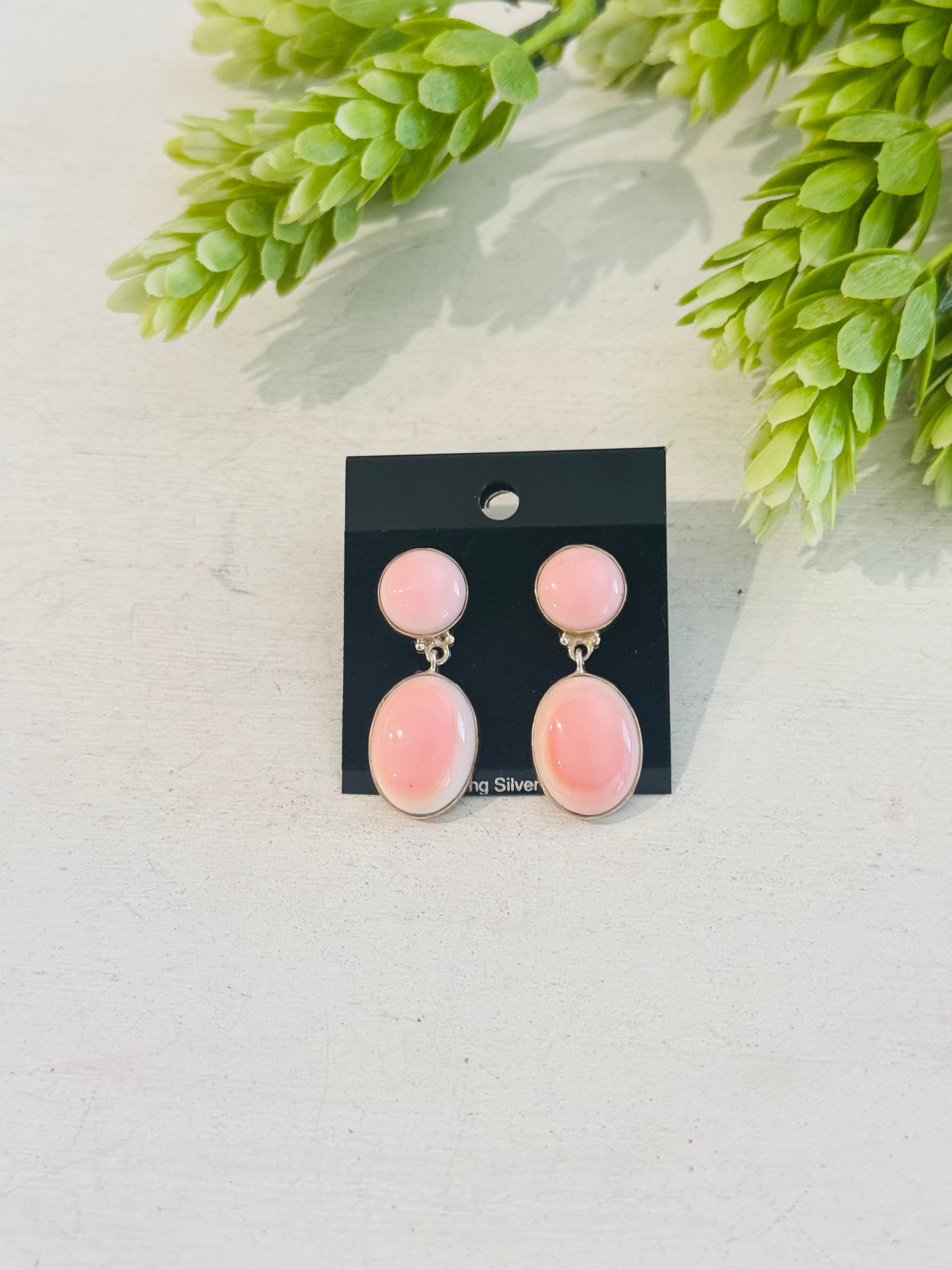 Southwest Made Pink Conch & Sterling Silver Post Dangle Earrings