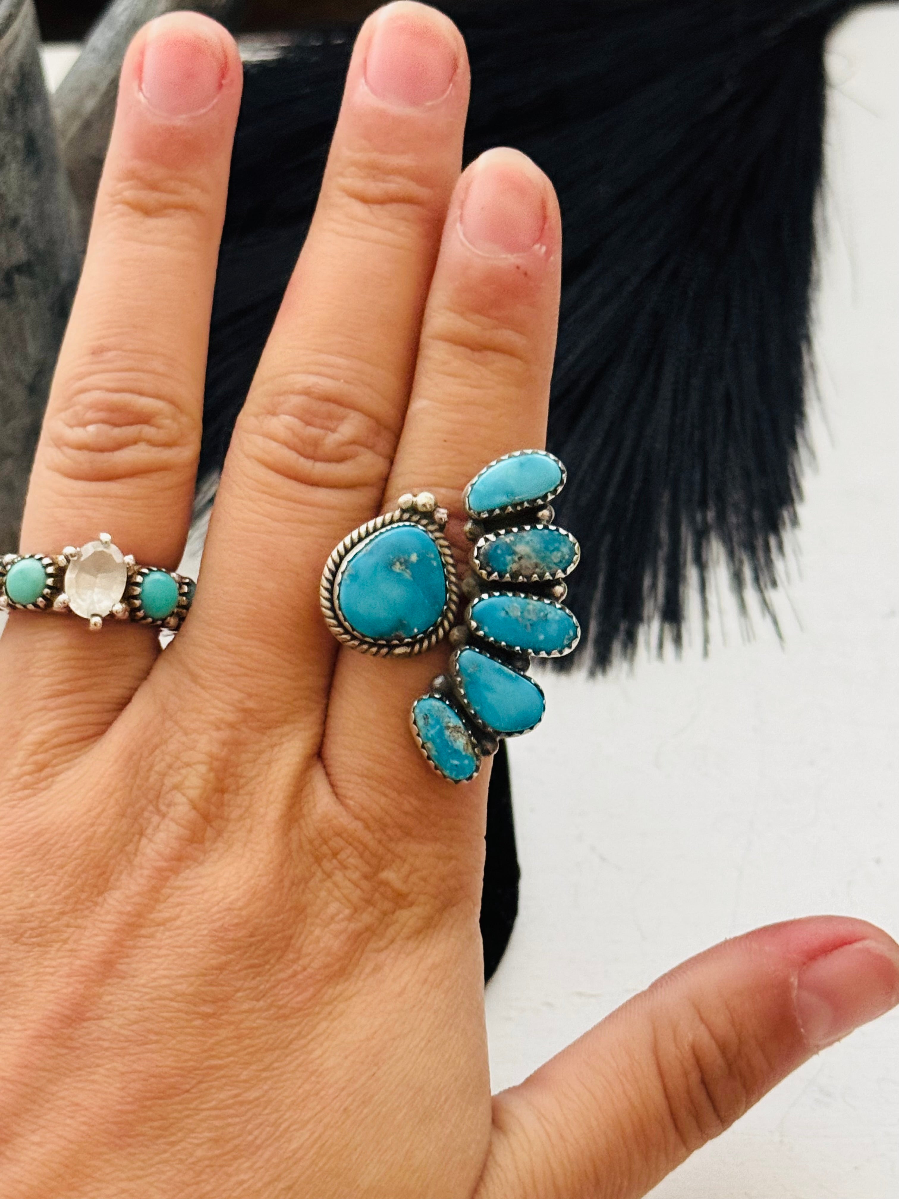 Southwest Handmade Valley Blue Turquoise & Sterling Silver Adjustable Cluster Ring