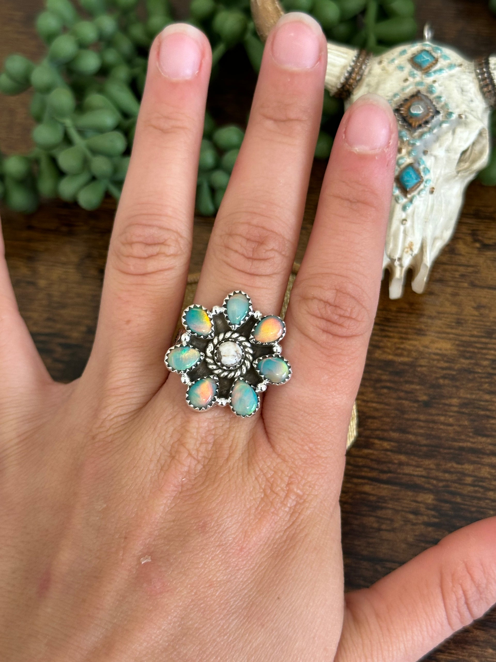 Southwest Handmade Multi Stone & Sterling Silver Adjustable Cluster Ring