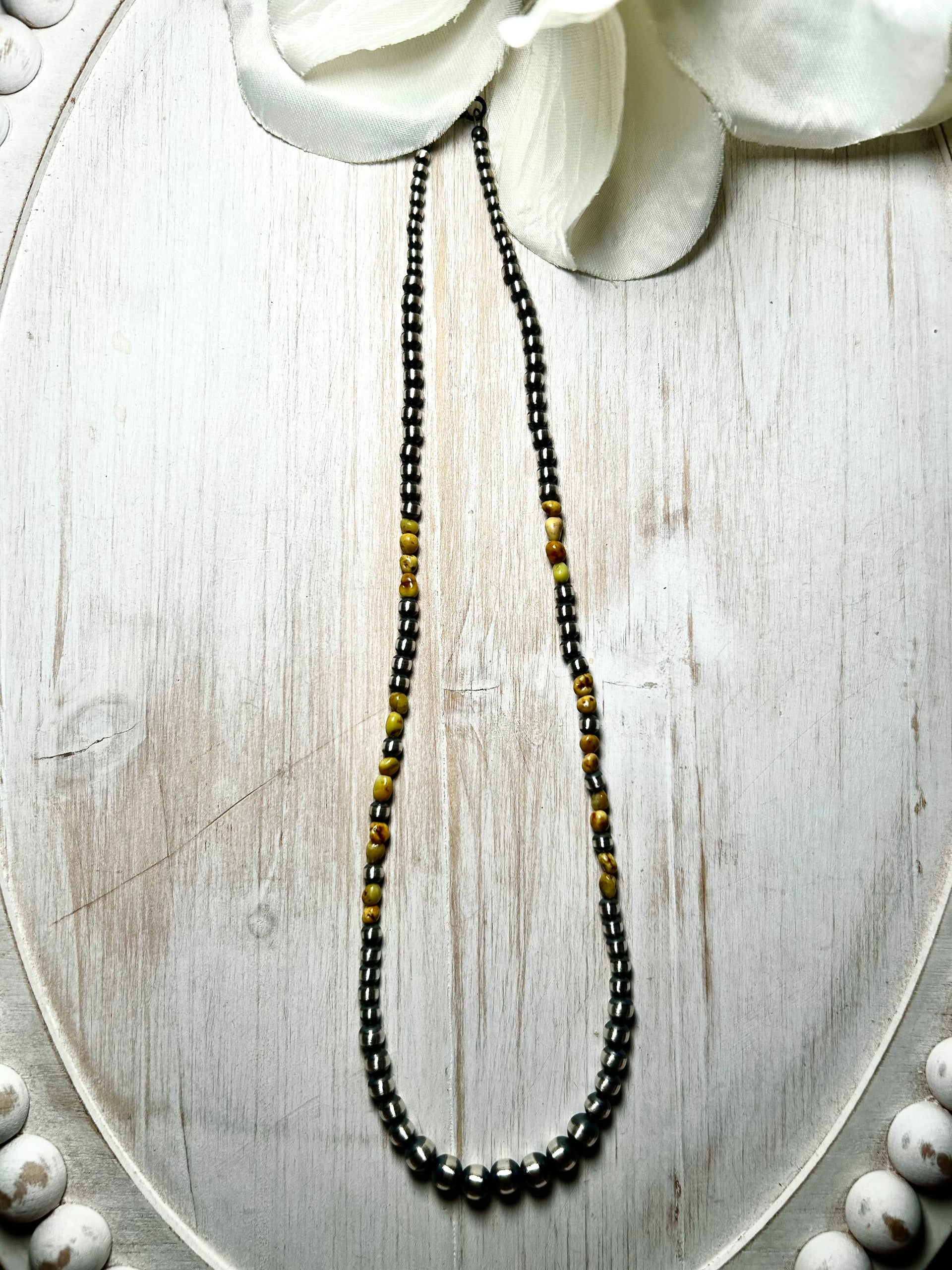 Navajo Strung Palomino Variscite & Sterling Silver Necklace