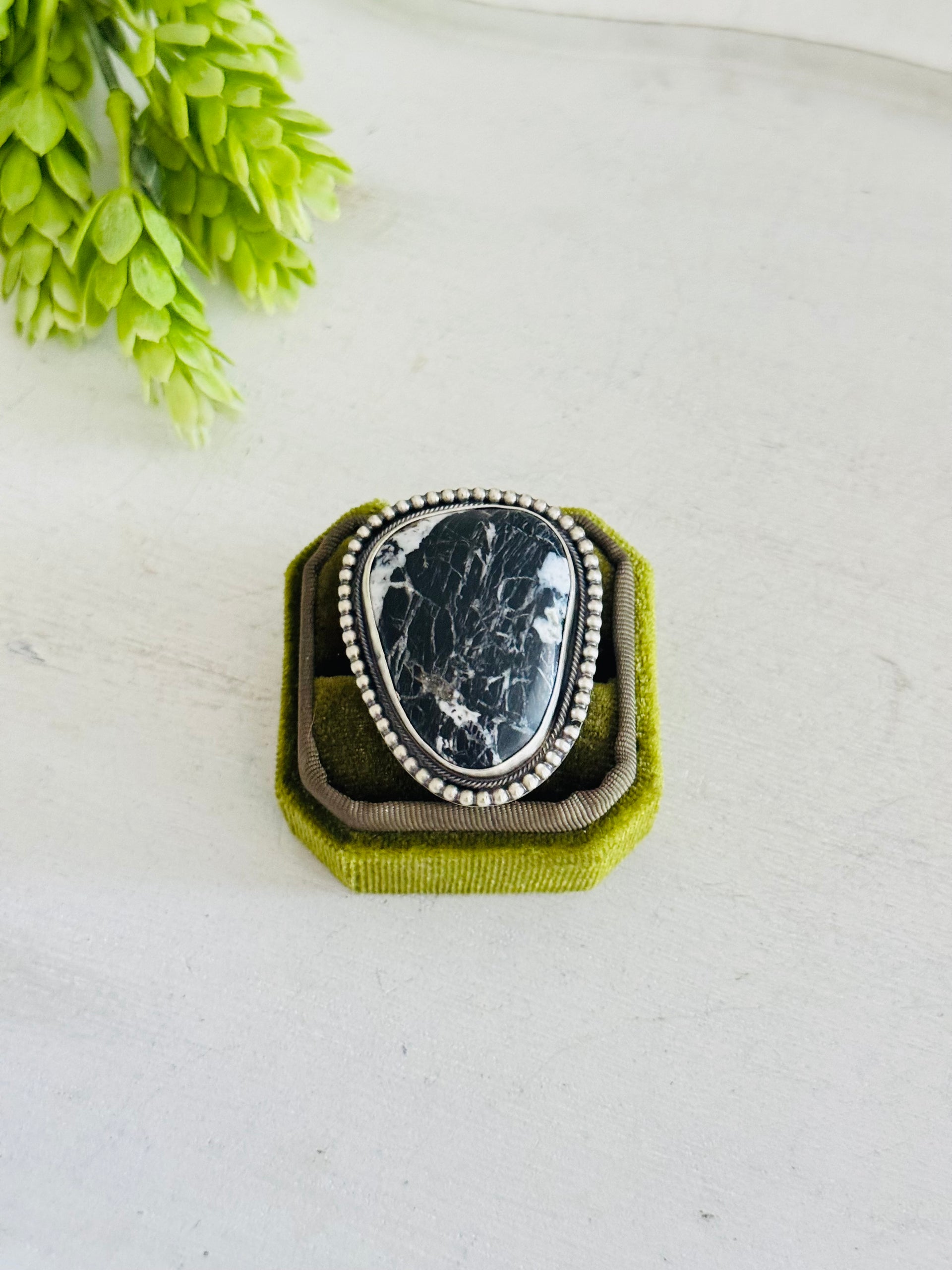 Navajo Made White Buffalo & Sterling Silver Adjustable Ring