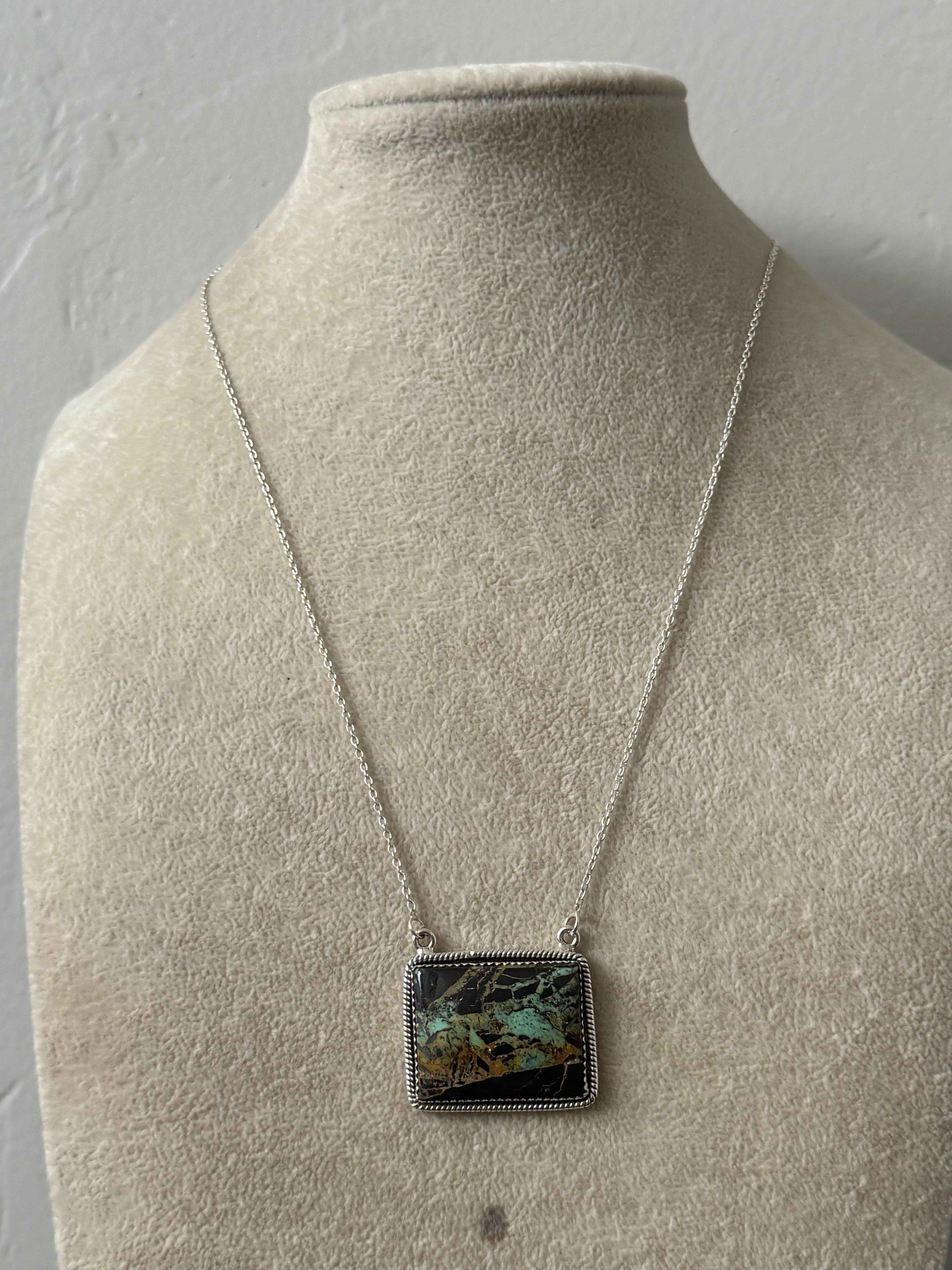 Southwest Handmade Black Jack Turquoise & Sterling Silver Bar Necklace