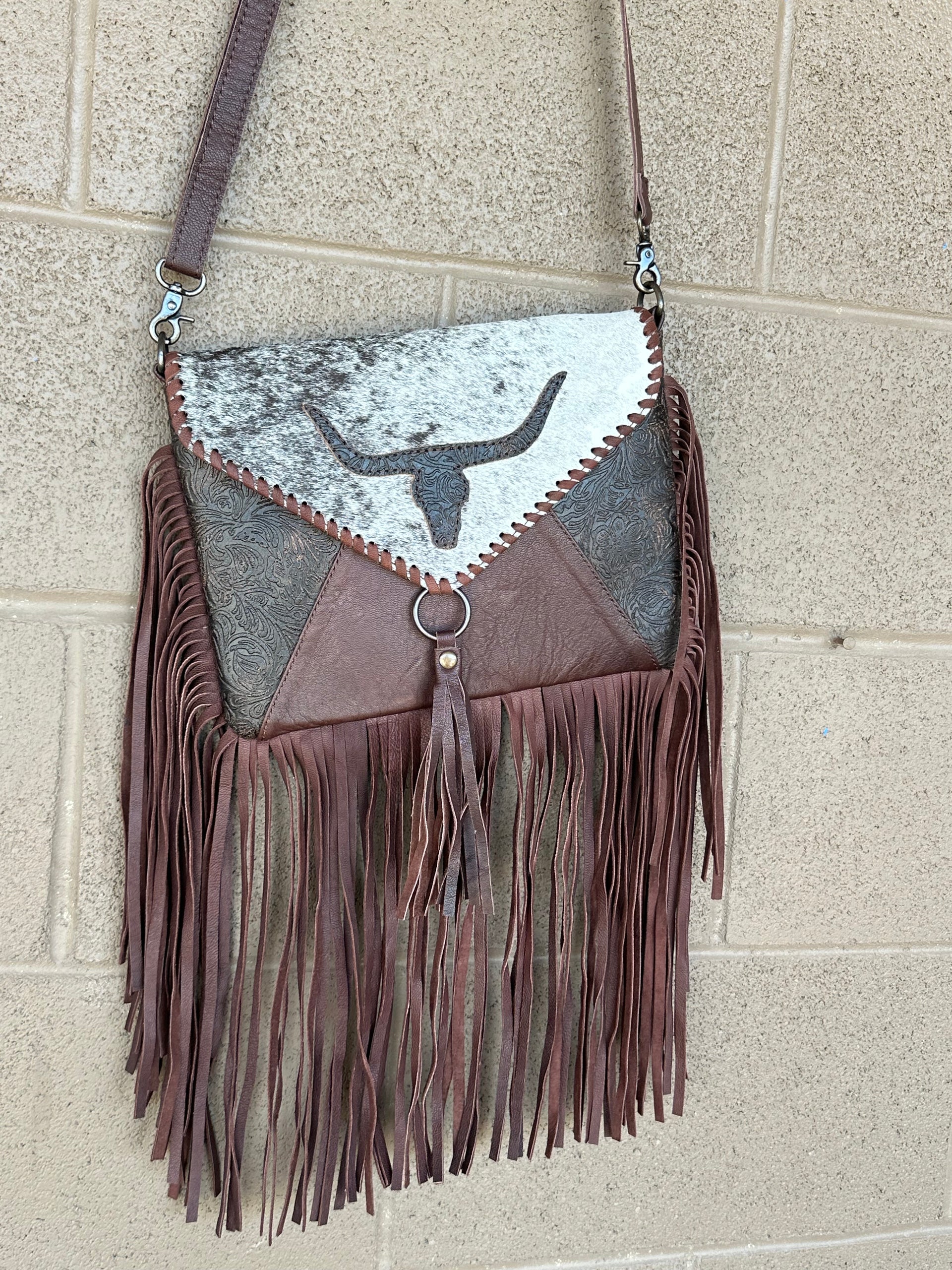 Genuine Tooled Leather & Cowhide Fringe Purse