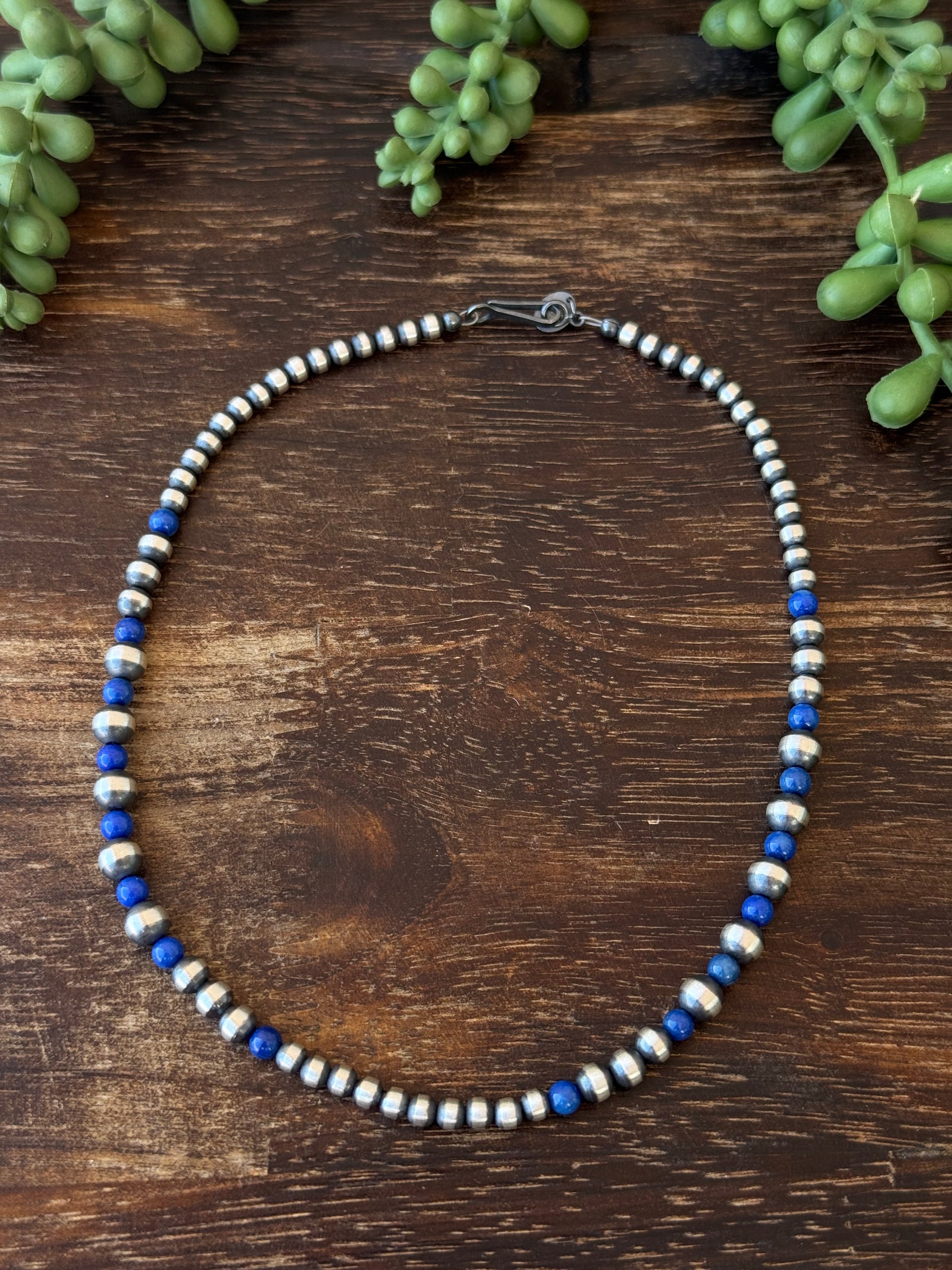 Navajo Strung Lapis & Sterling Silver Graduated Pearl Necklace