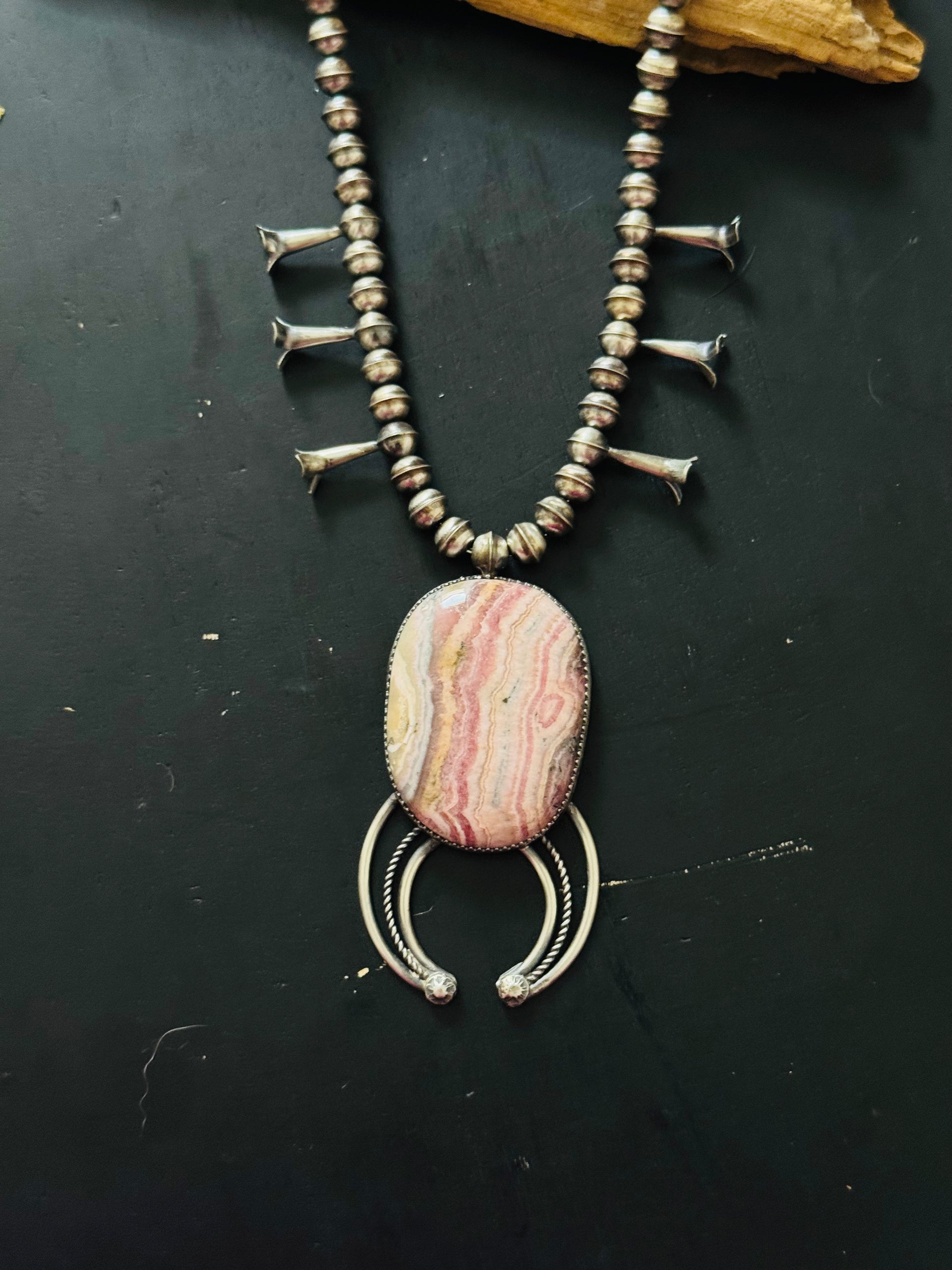 Navajo Made Rhodochrosite & Sterling Silver Squash Blossom Necklace