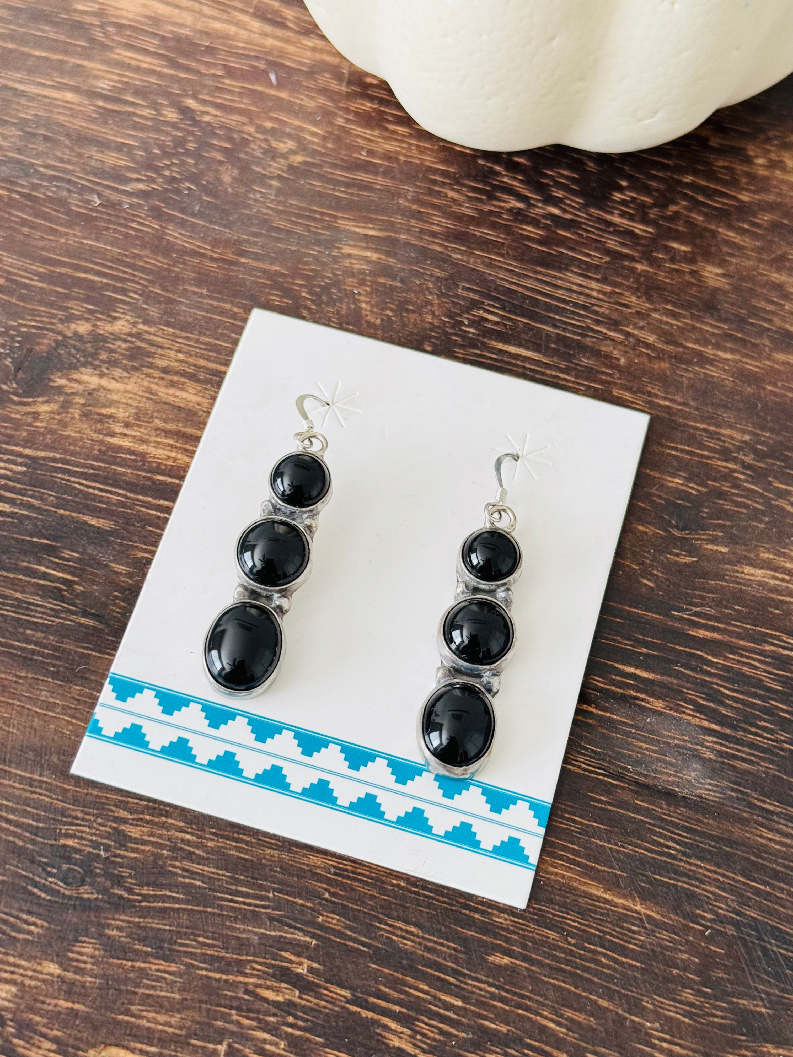 Navajo Made Onyx & Sterling Silver Dangle Earrings